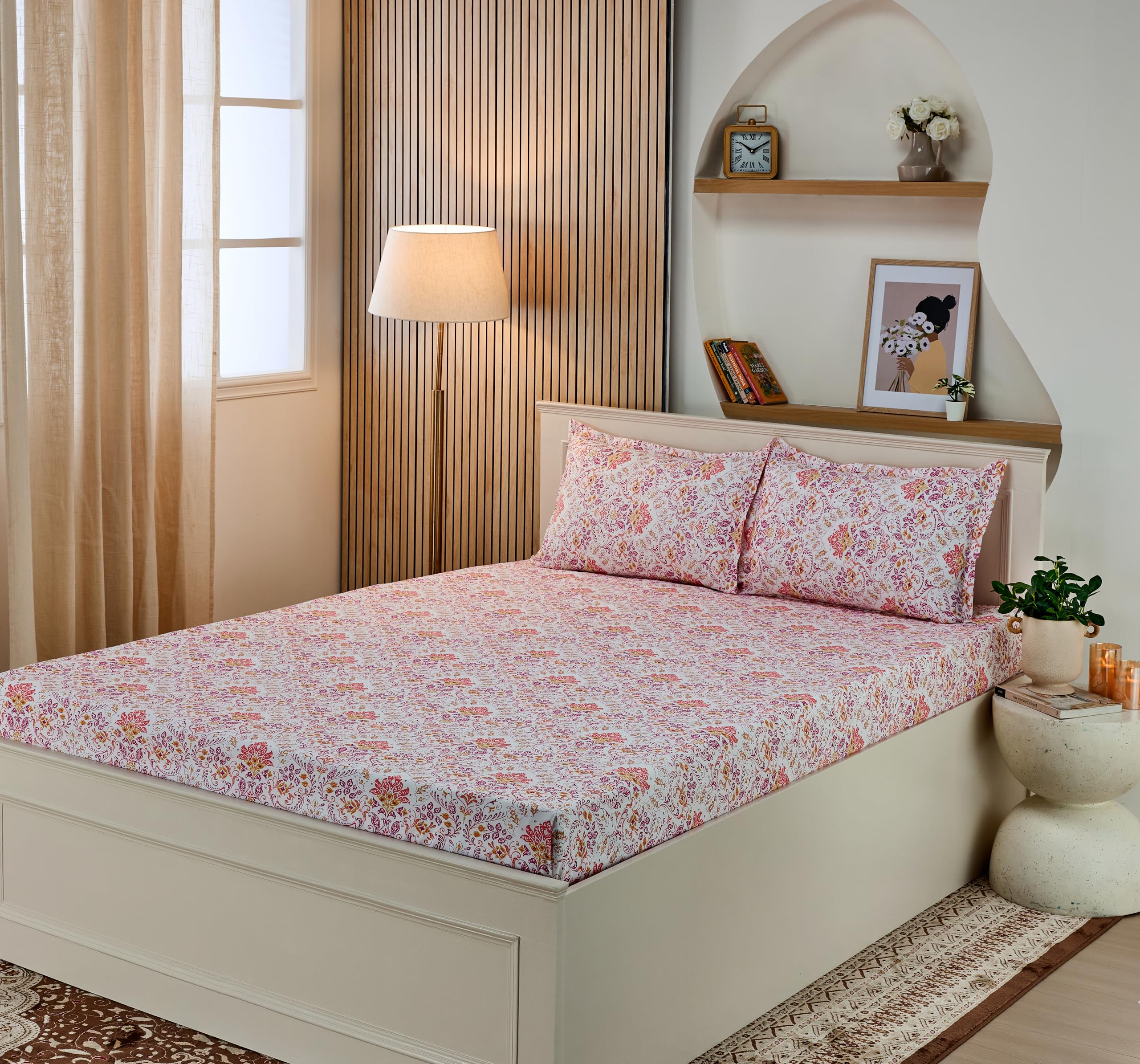 Amazon Brand - Solimo Queen Size Flat Bedsheet With 2 Pillow Cases | 180 Tc | 100% Cotton | Washing Machine Washable | 90 X 100 