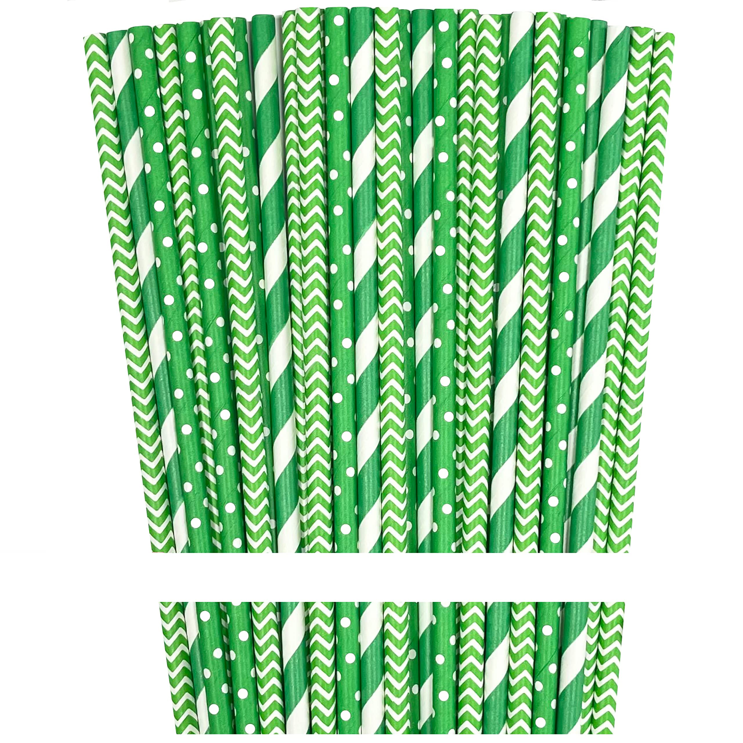 Green And White Paper Straws - Stripe Chevron Polka Dot - Birthday Christmas St Patrick'S Day Supply - 100 Pack Outside The Box
