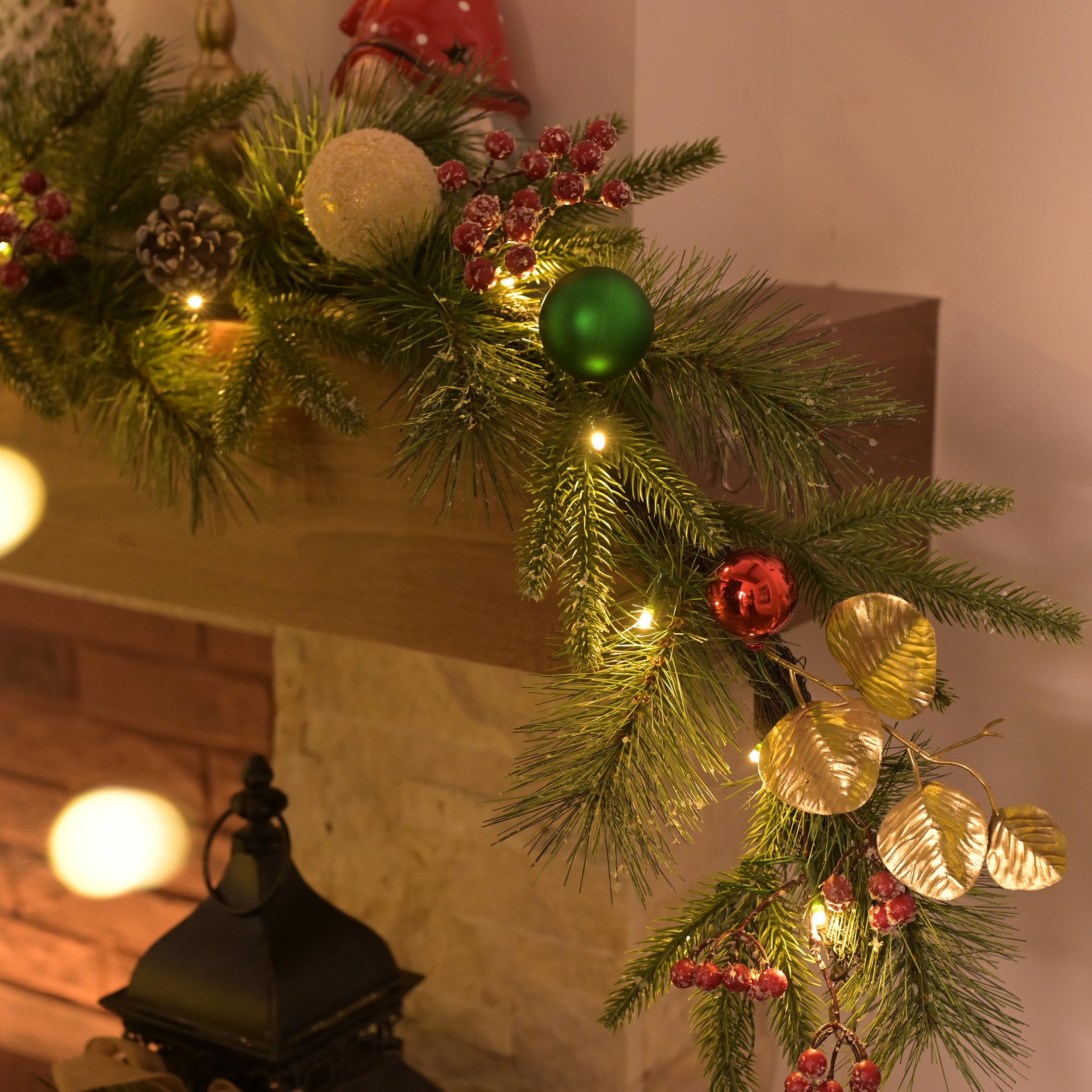 Valery Madelyn 9 Ft Pre-Lit Christmas Garland with Light for Mantle, Lighted Outdoor Xmas Garland with Red Green Gold Ball Norfo