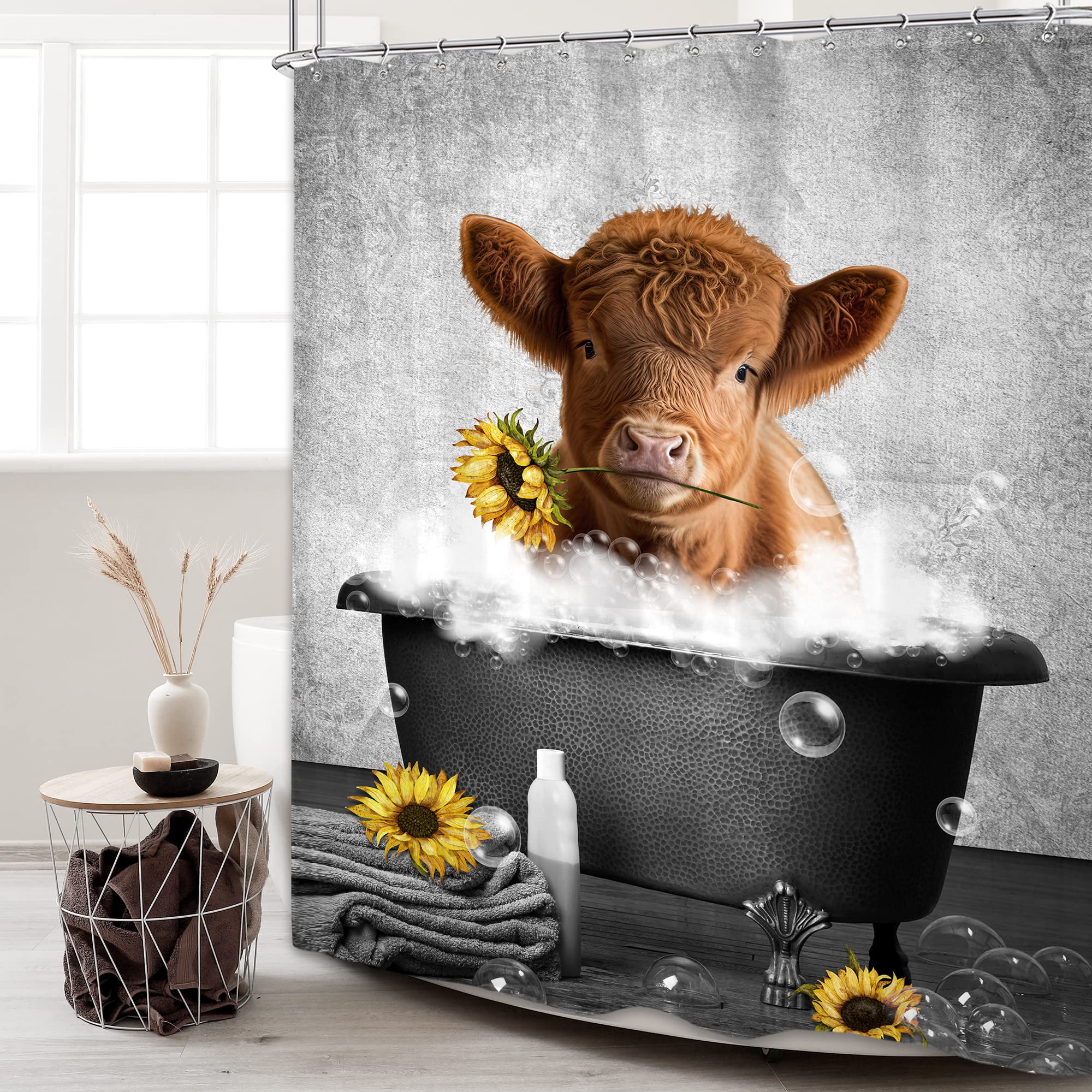 Cinbloo Farmhouse Grey Highland Cow Shower Curtain 60Wx72H Country Western Cute Cattle Bathroom Curtain Funny Calf With Sunflowe