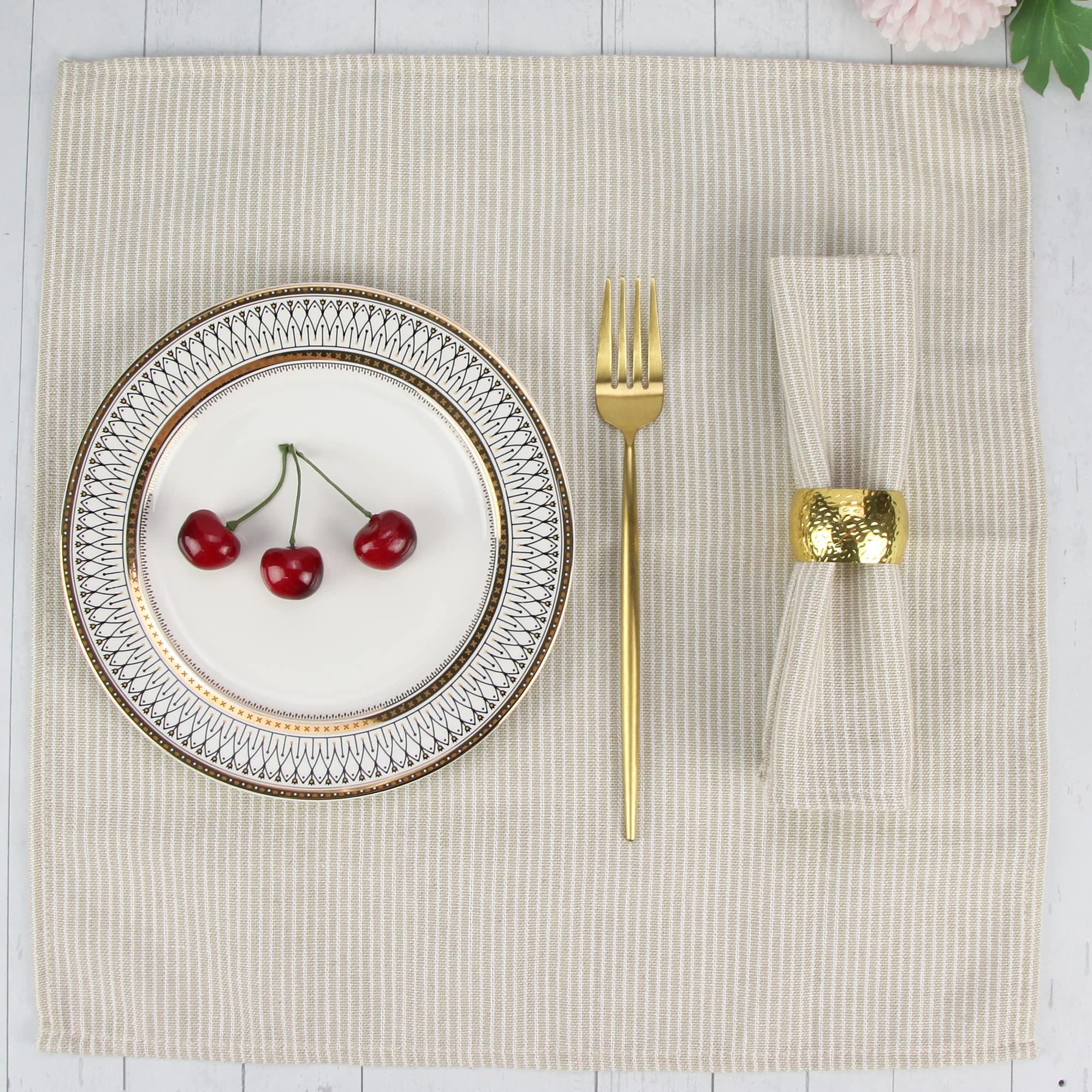 Infei Narrow Striped Cotton Linen Blended Dinner Cloth Napkins - Set Of 12 (40 X 40 Cm) - For Events & Home Use (Beige)
