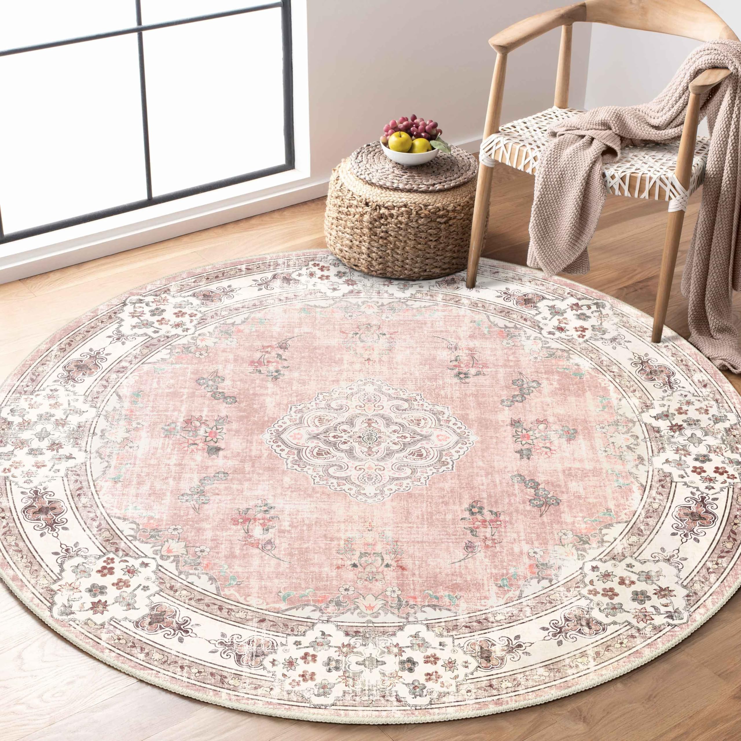 MUJOO Pink Round Rug 4ft,Circle Washable Area Rugs for Bedroom Living Room Bathroom,Boho Small Non Slip Circular Carpet,Blush Fl