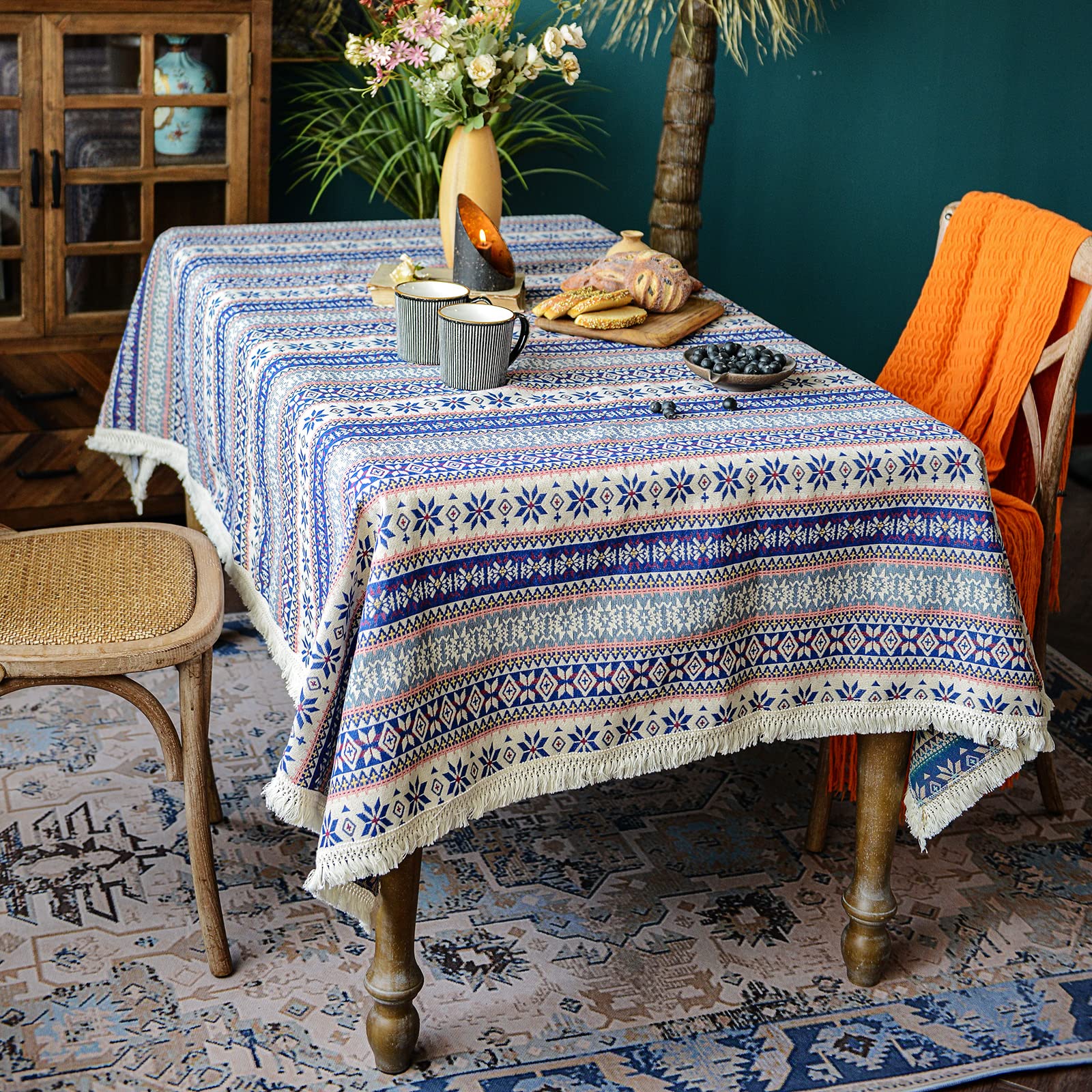 Sutavia Tassel Boho Tablecloth For Rectangle Table Cover Wrinkle Free Linen Bohemian Style Design Table Cloth For For Dining Roo