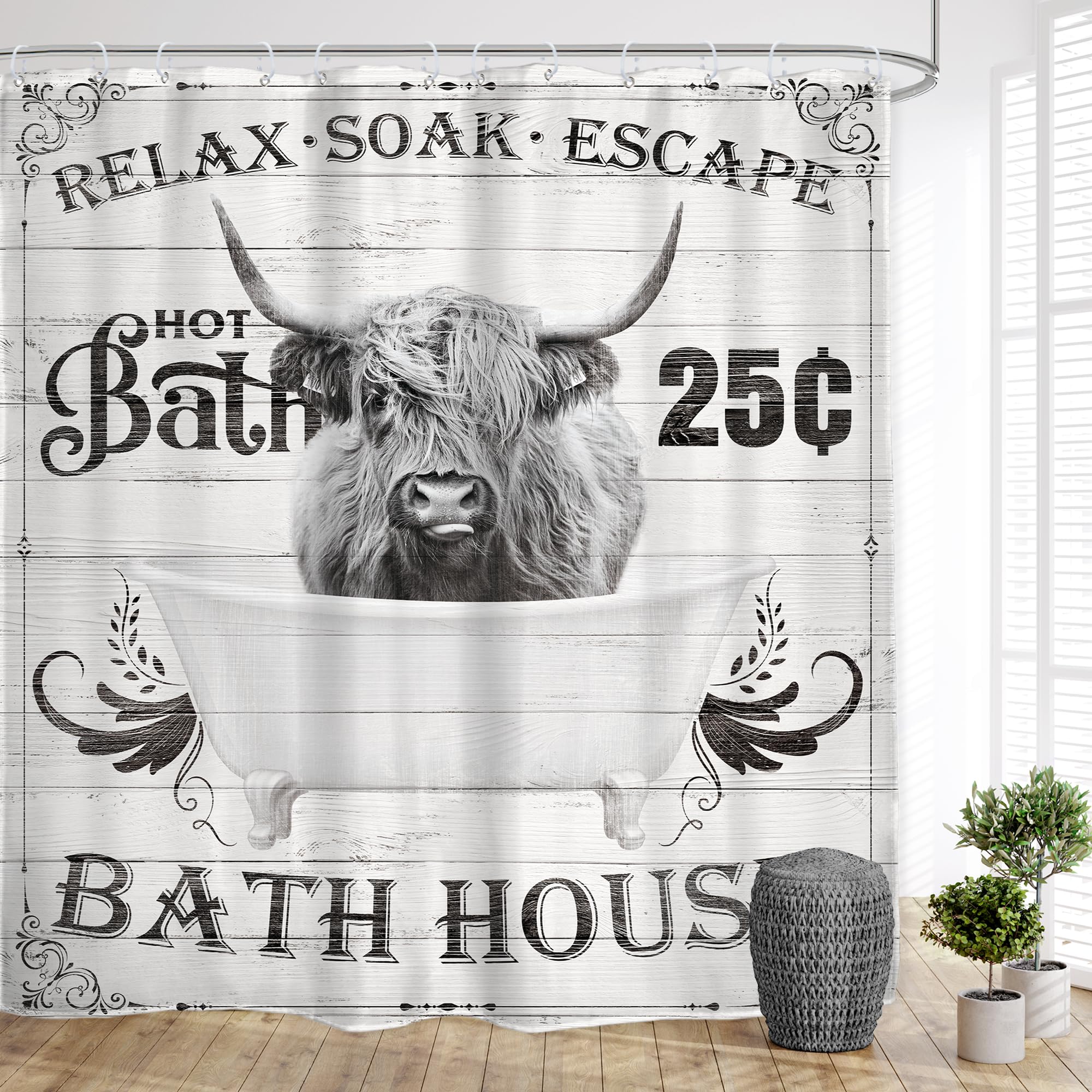 Glawry Funny Highland Cow Shower Curtain 72Wx84L Inches Extra Long Bull Farmhouse Western Cattle In Bathtub Bath Rustic Wildlife