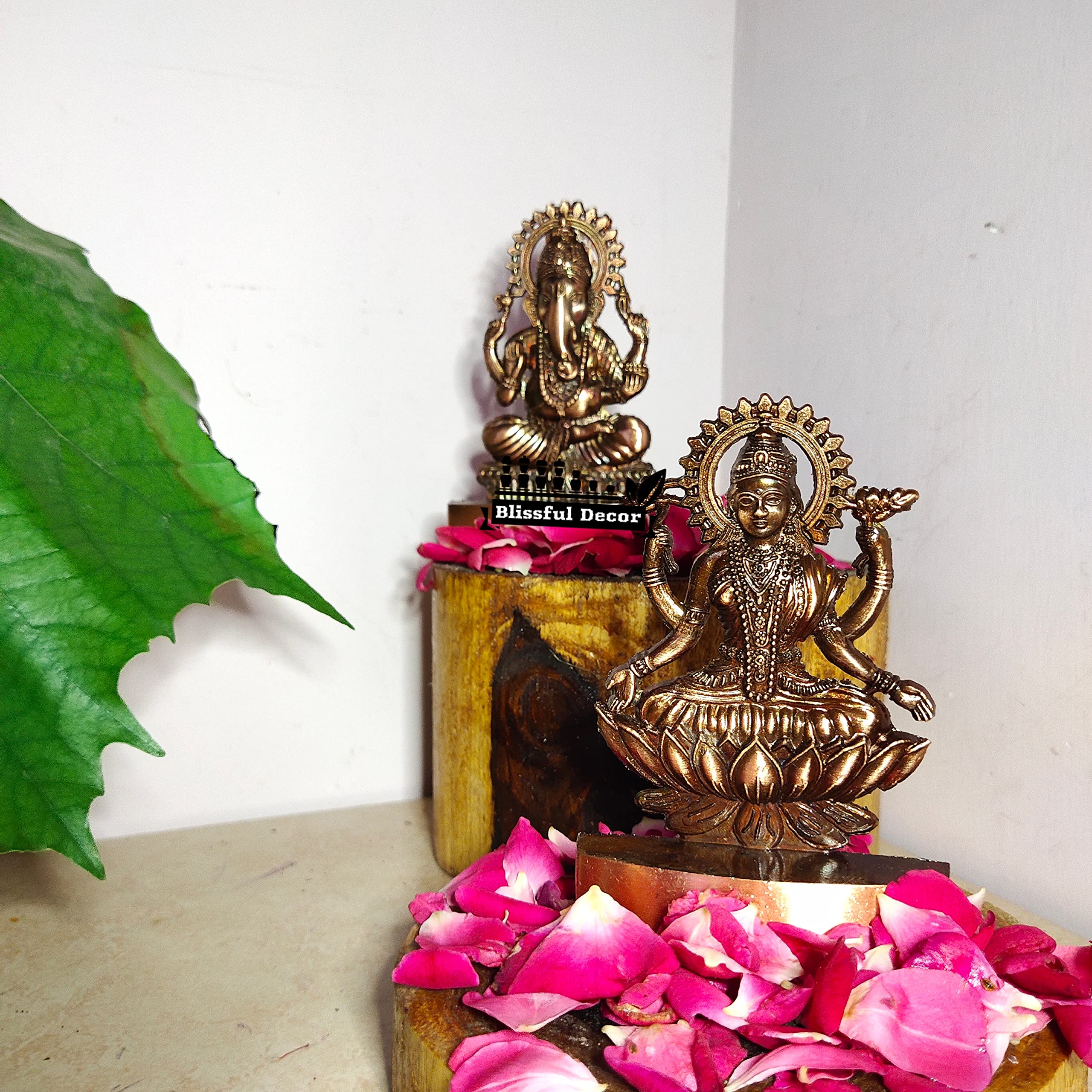 Blissful Decor Amishi Handicraft Metal Laxmi Ganesha Copper Antique Finish Pujan Set Auspicious Indian Art Statues Luxmi Ganesh