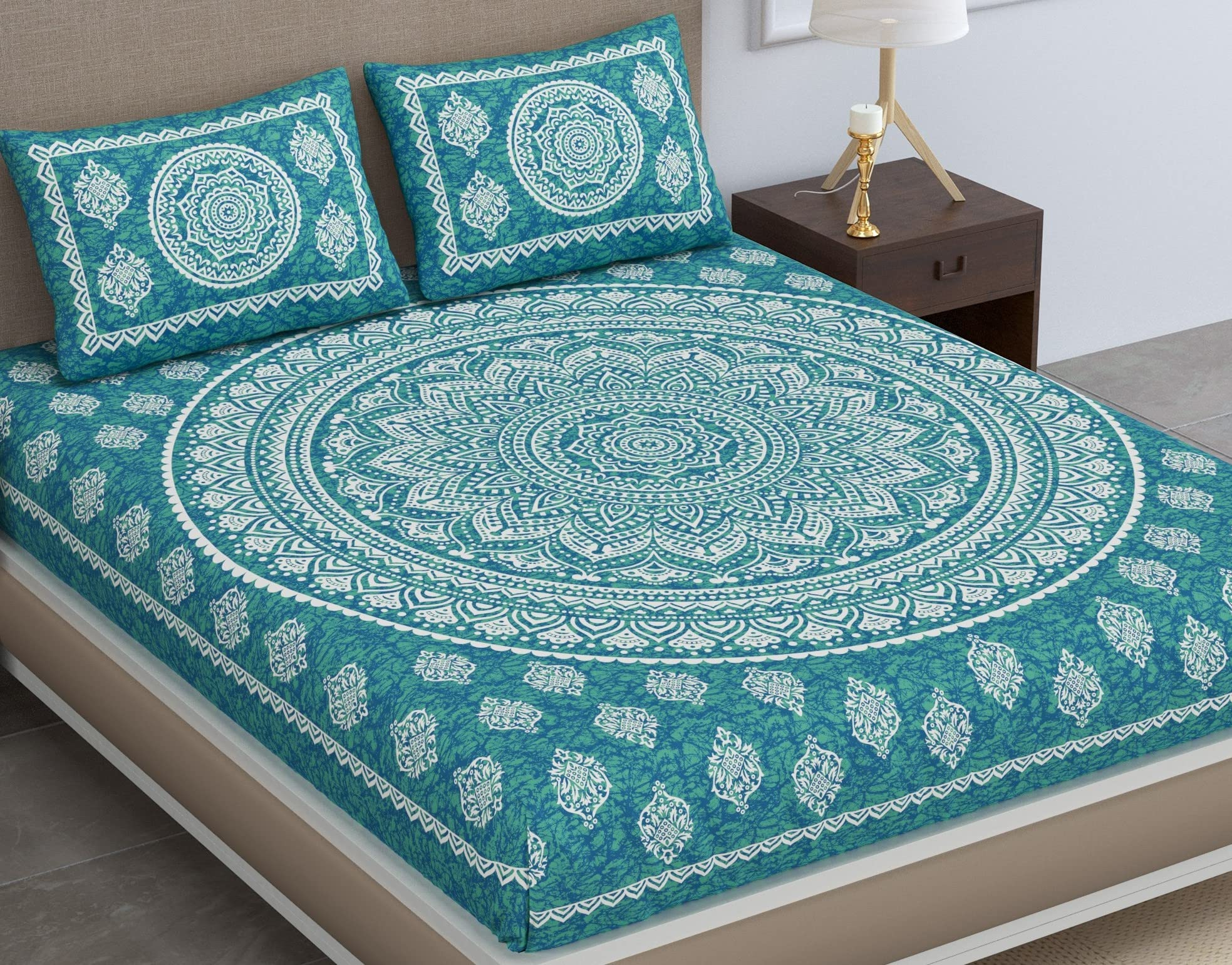 Colorish Cotton Blend Traditional Mandala Jaipuri Printed Bedsheet For Super King Size Double Bed With 2 Pillow Covers, Sea Gree
