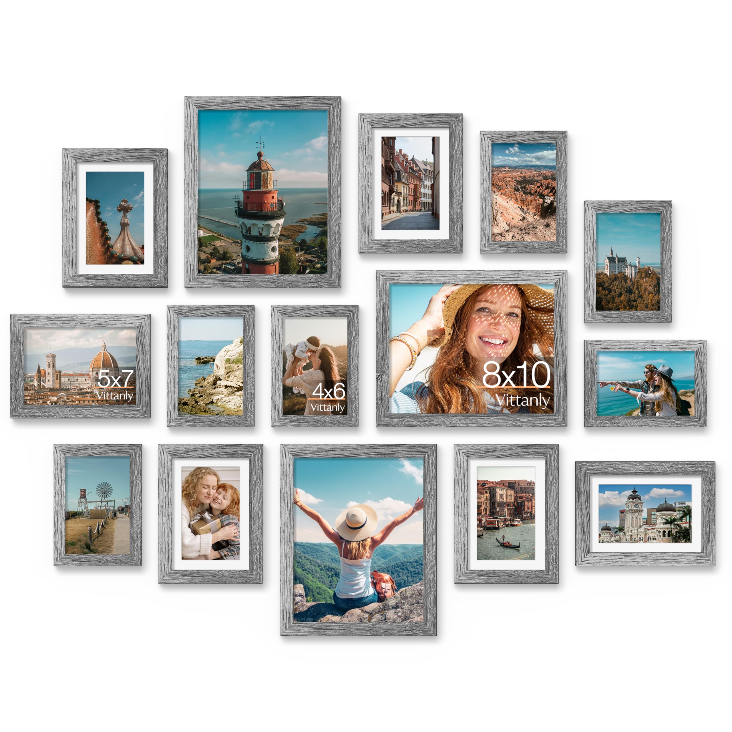 Vittanly 15 Pack Picture Frames Collage Wall Decor for Mounting or Tabletop Display, Gallery Frame Set for Family, Multi Sizes I