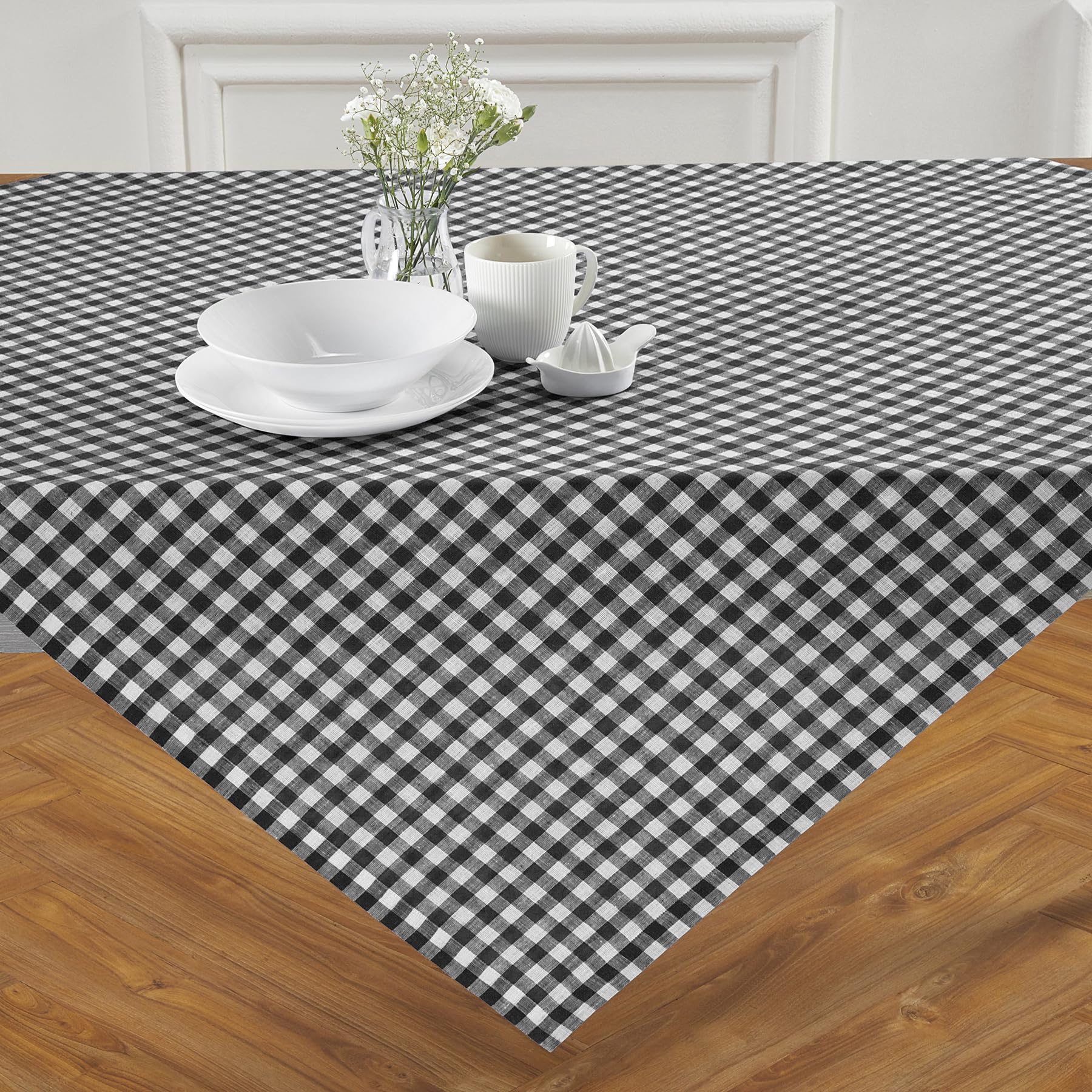 Solino Home Check Linen Square Tablecloth 52 X 52 Inch - 100% Pure Linen Black Plaid Table Throw - Gingham Check, Machine Washab
