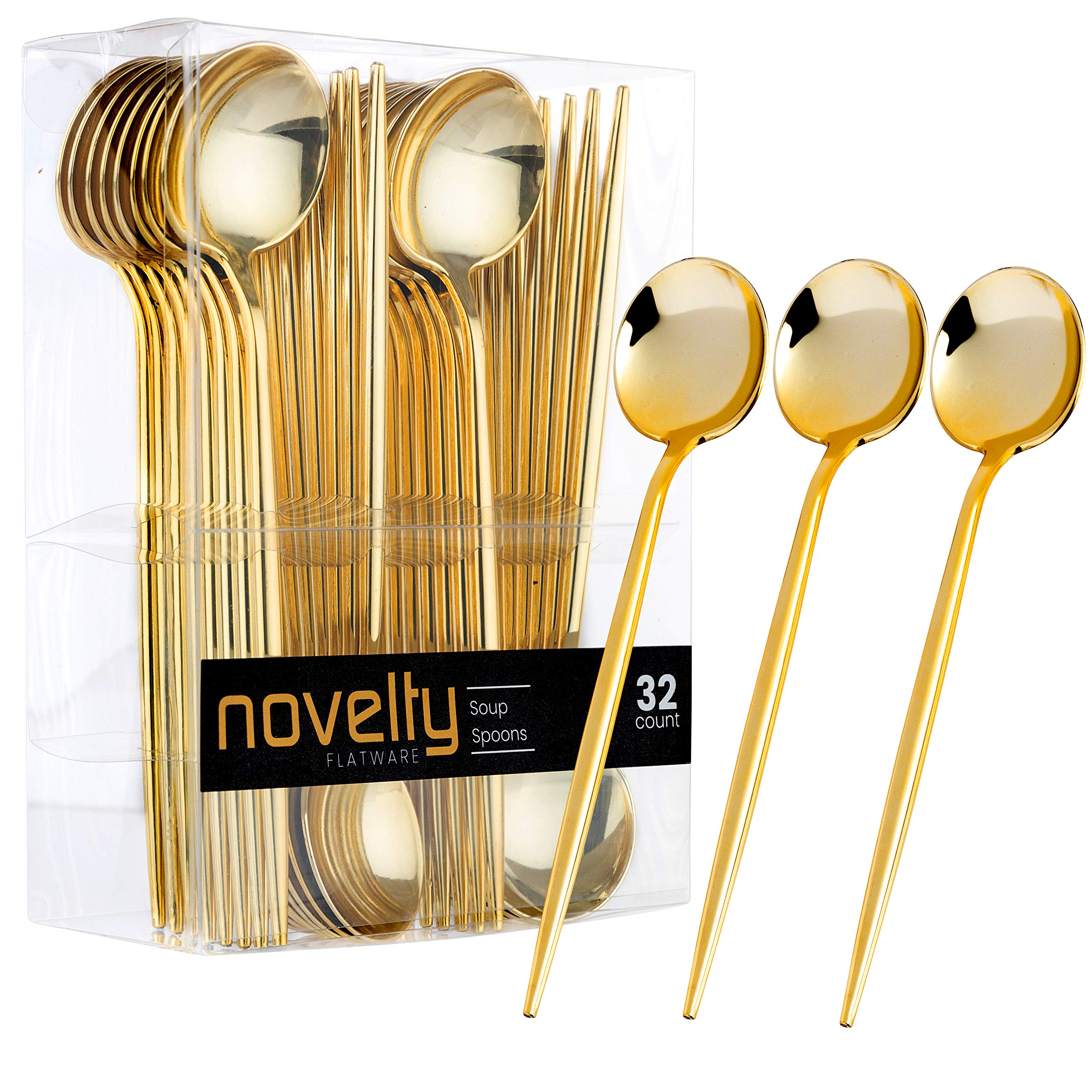 Novelty Modern Flatware, Cutlery, Disposable Plastic Soup Spoons Luxury Gold 32 Count
