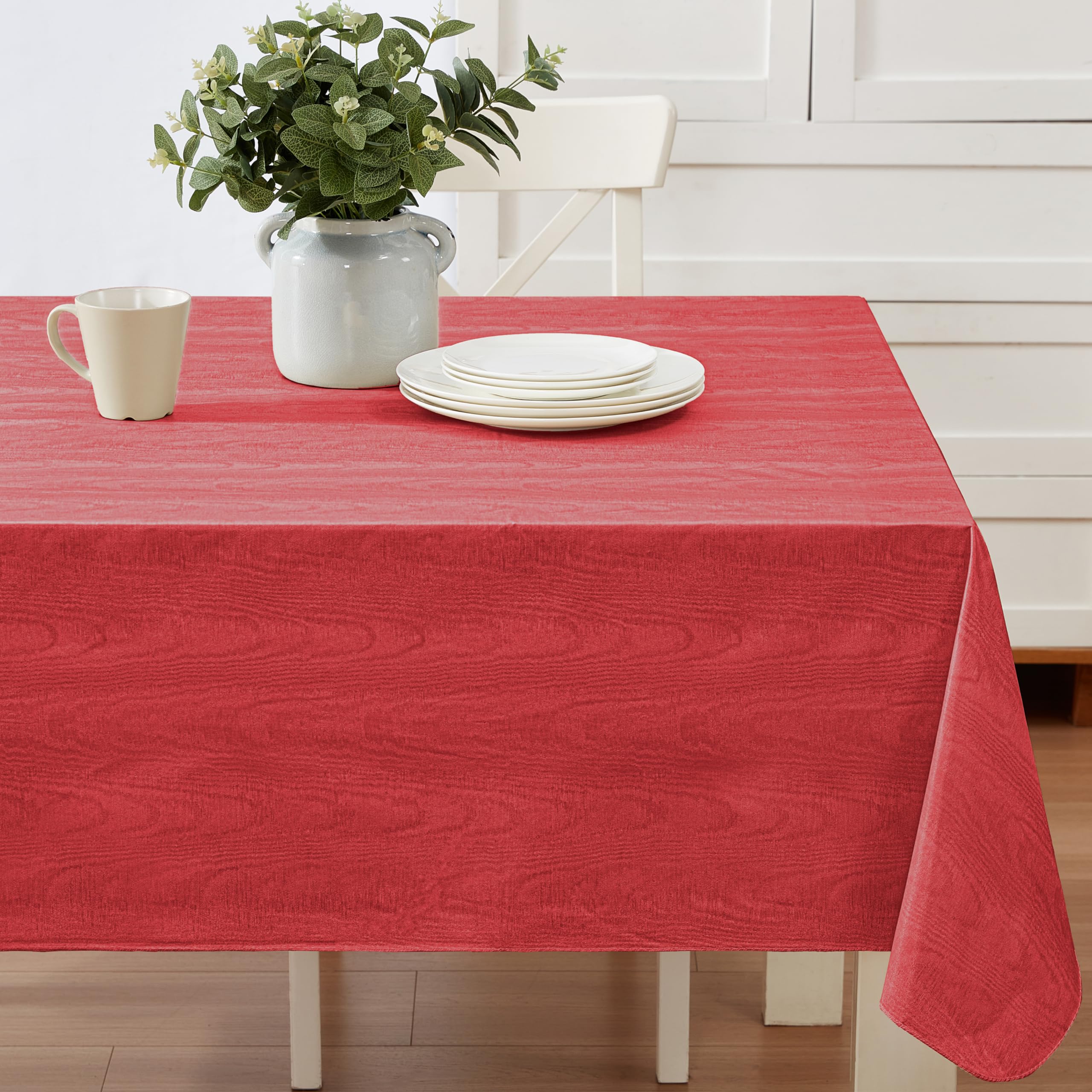 Newbridge Red Moire Wavy Solid Color Print Heavy Weight Vinyl Flannel Backed Tablecloth, Indoor/Outdoor Vinyl Tablecloth With Fl