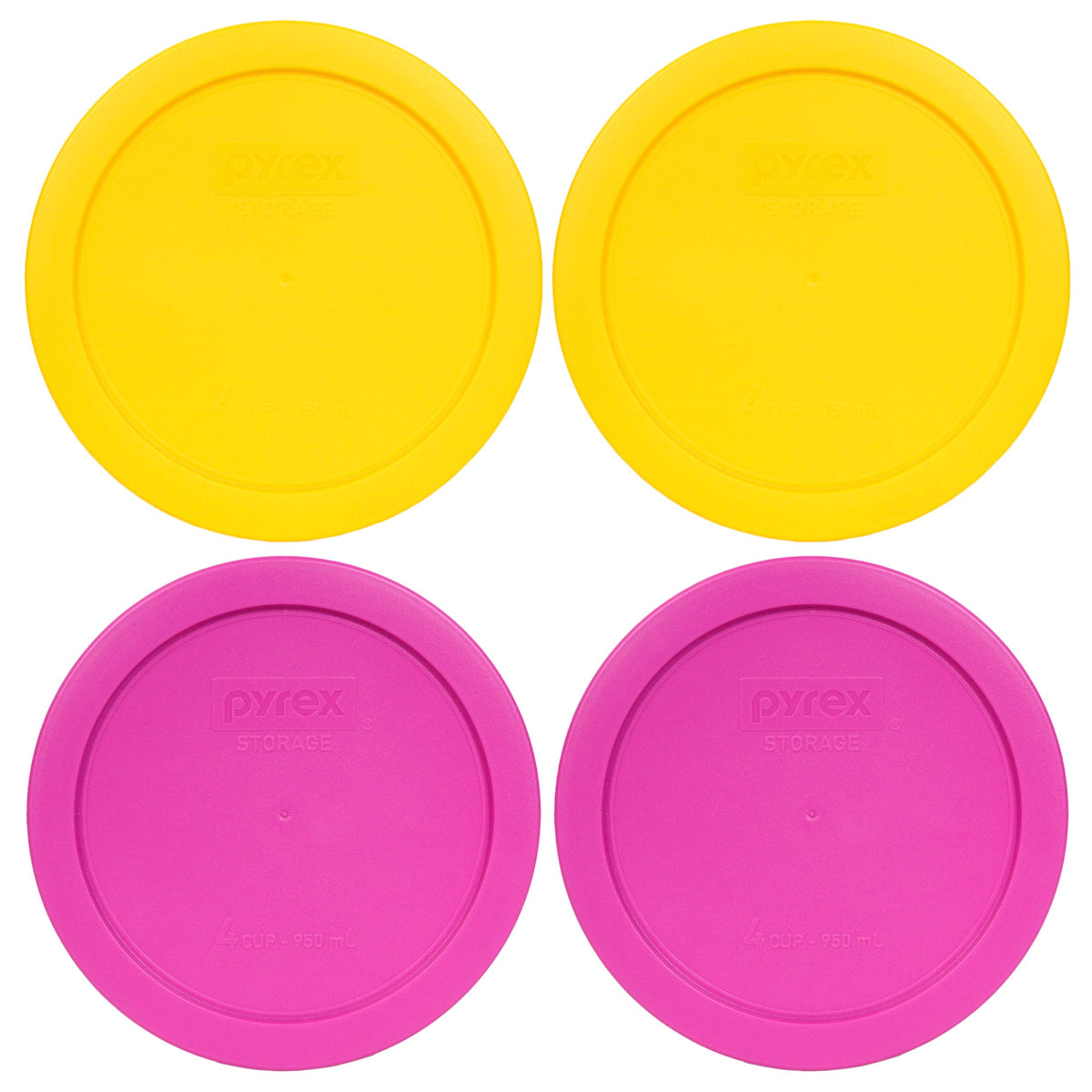 Pyrex Bundle - 2 Items: (2) 7201-Pc 4-Cup Meyer Yellow Plastic Lids, (2) 7201-Pc 4-Cup Pink Plastic Lids, Made In The Usa