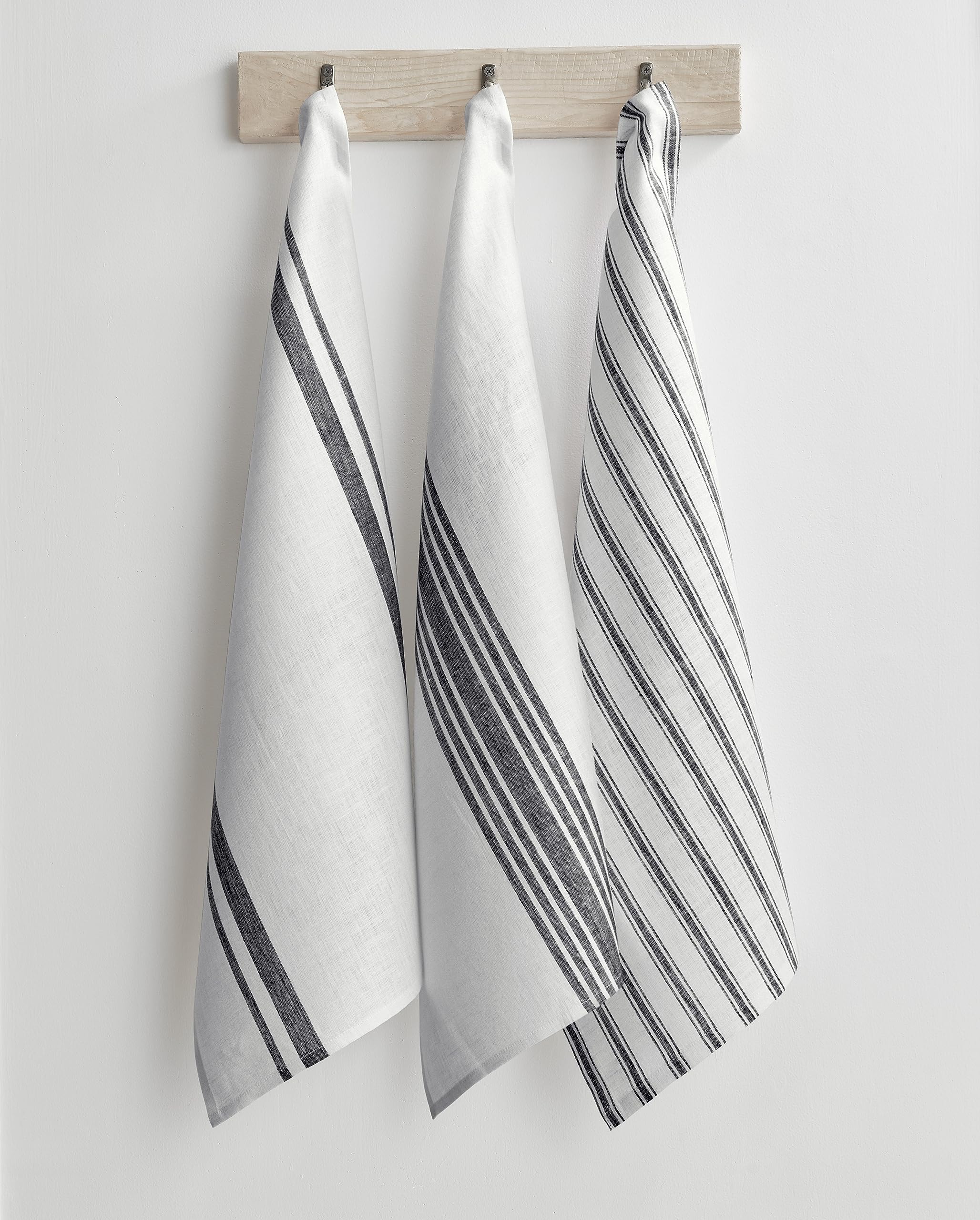 Solino Home Stripe Linen Tea Towels 17 X 26 Inch - 100% Pure Linen Multi Kitchen Towels Set Of 3 Assorted - Black And White, Han