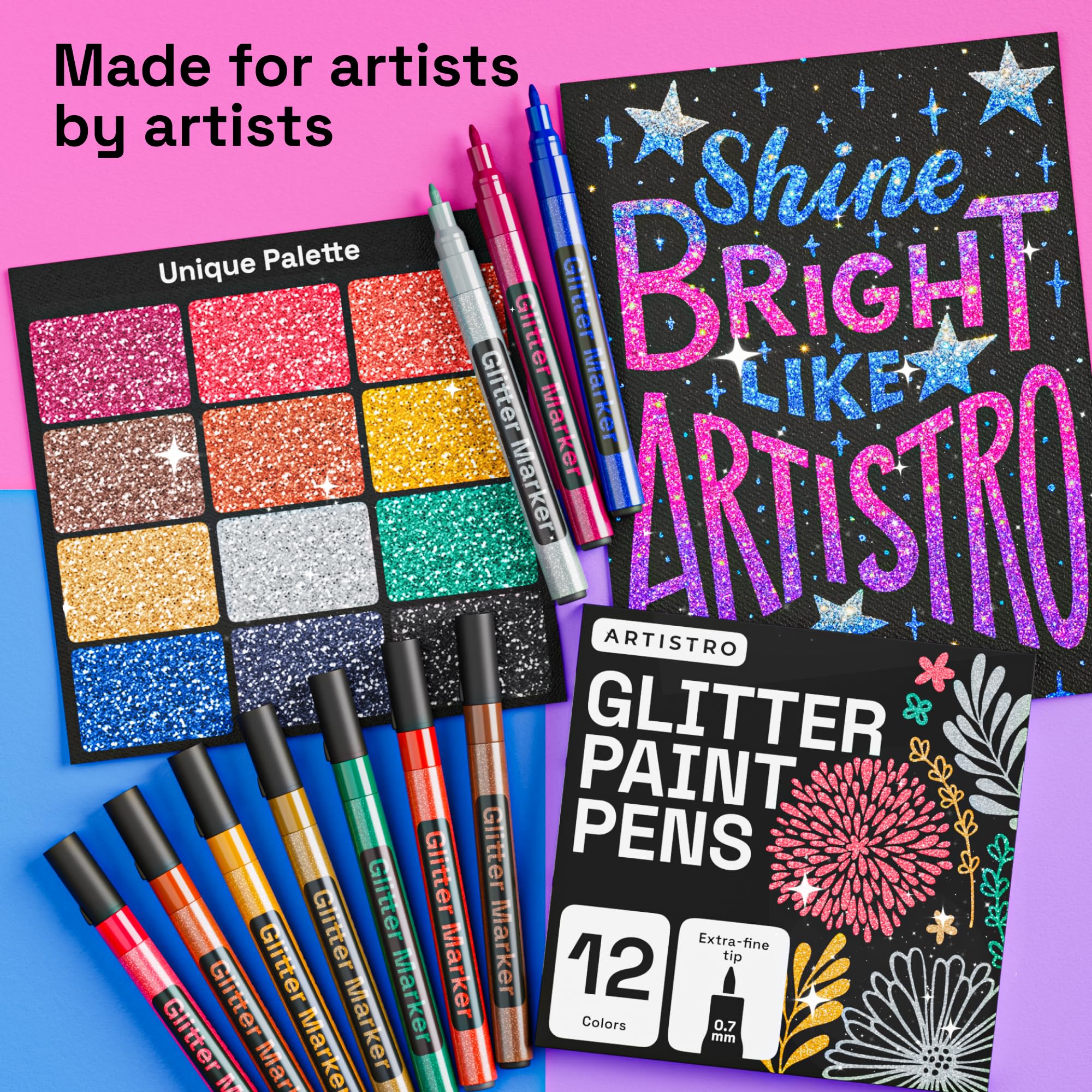 ARTISTRO 12 Glitter Paint Pens for Glass Marking, Rock Painting, Ceramic, Wood, Fabric, Scrapbooking, DIY Craft Making, Coloring
