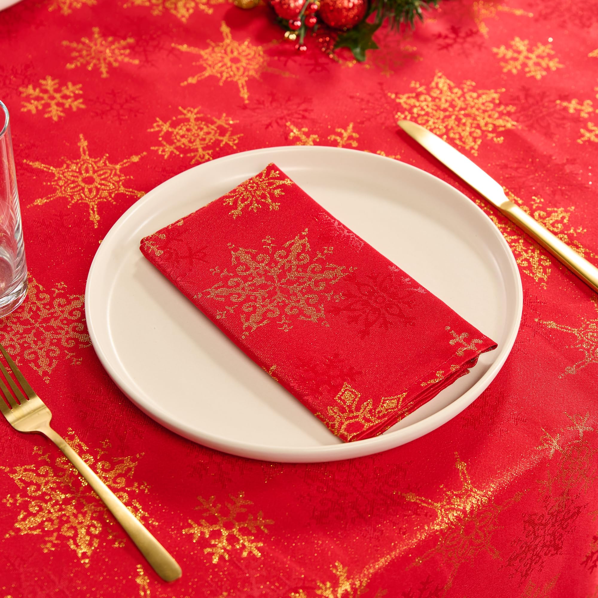 Kadut Christmas Napkins, Red & Gold Snowflake Cloth Napkins, Metallic Fabric (17X17 Inch) Set Of 4 | Heavy Duty Fabric | Stain P
