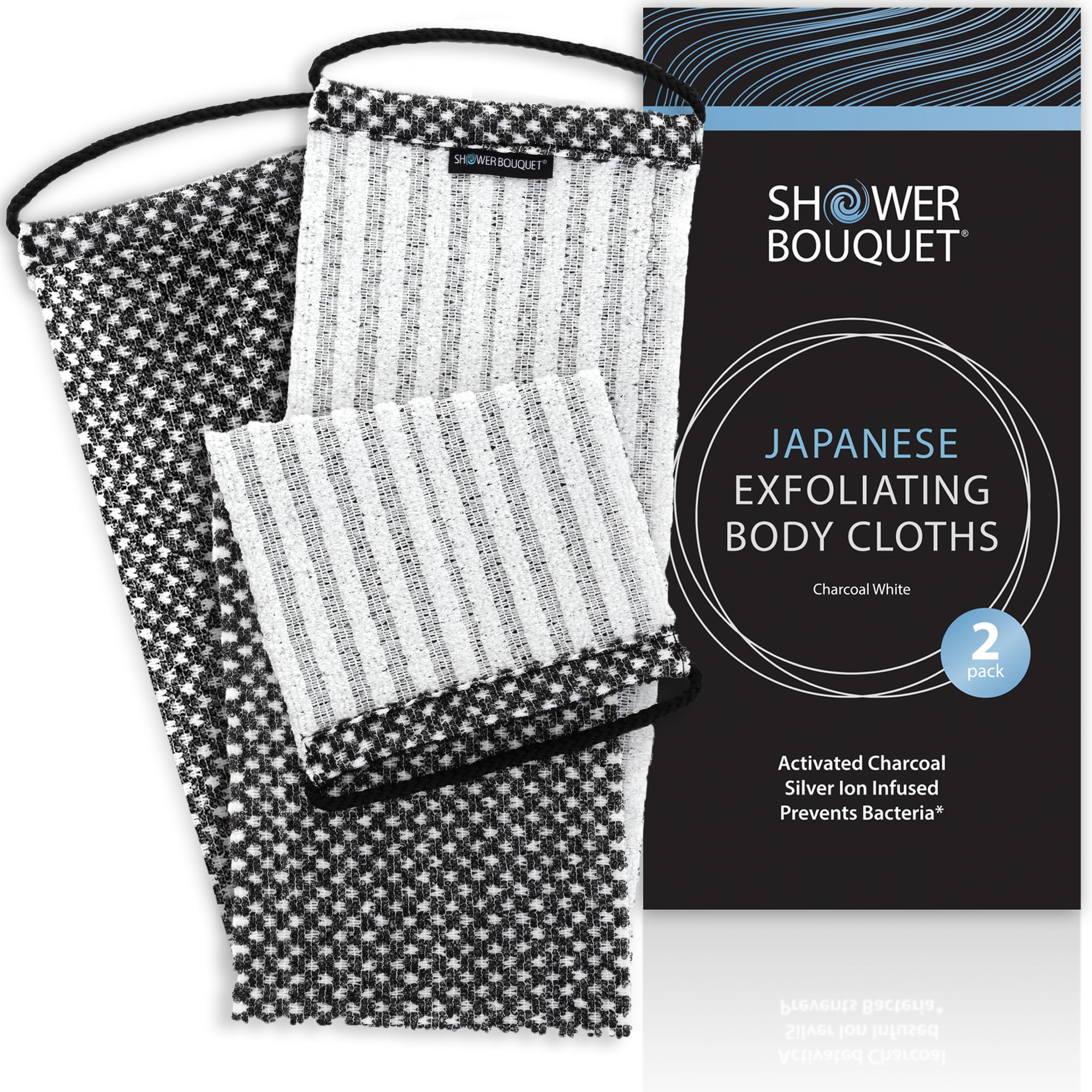 Japanese Exfoliating Washcloth For Back & Body 2-Pack - Charcoal & Silver Ion Exfoliating Towel With Handles - Two-Sided Gentle