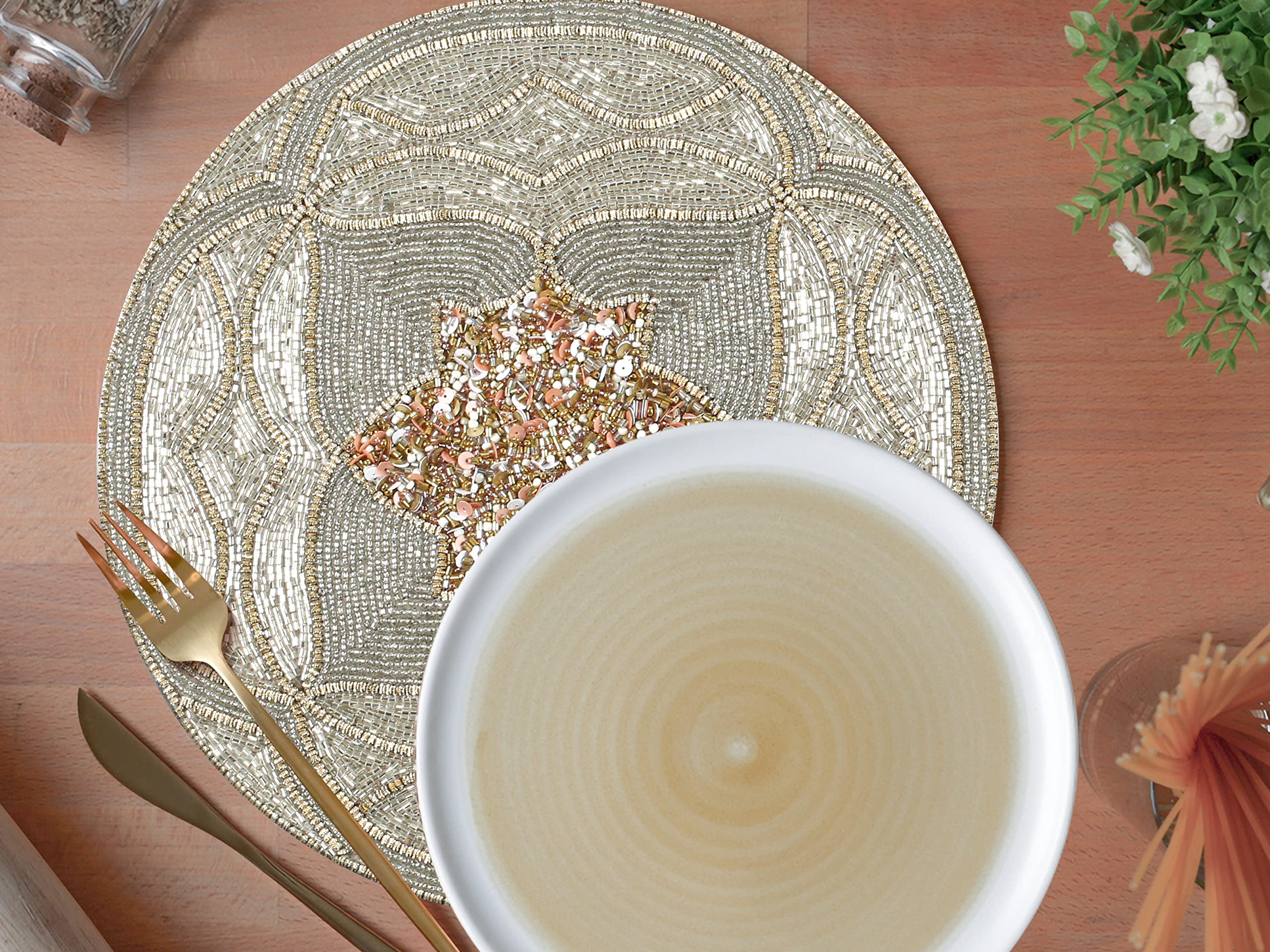 Homebia Designs Handmade Beaded Placemat Charger, 13 Inch Round, Set Of 2, Beautiful Decorative Dining Table Placemat For Your D