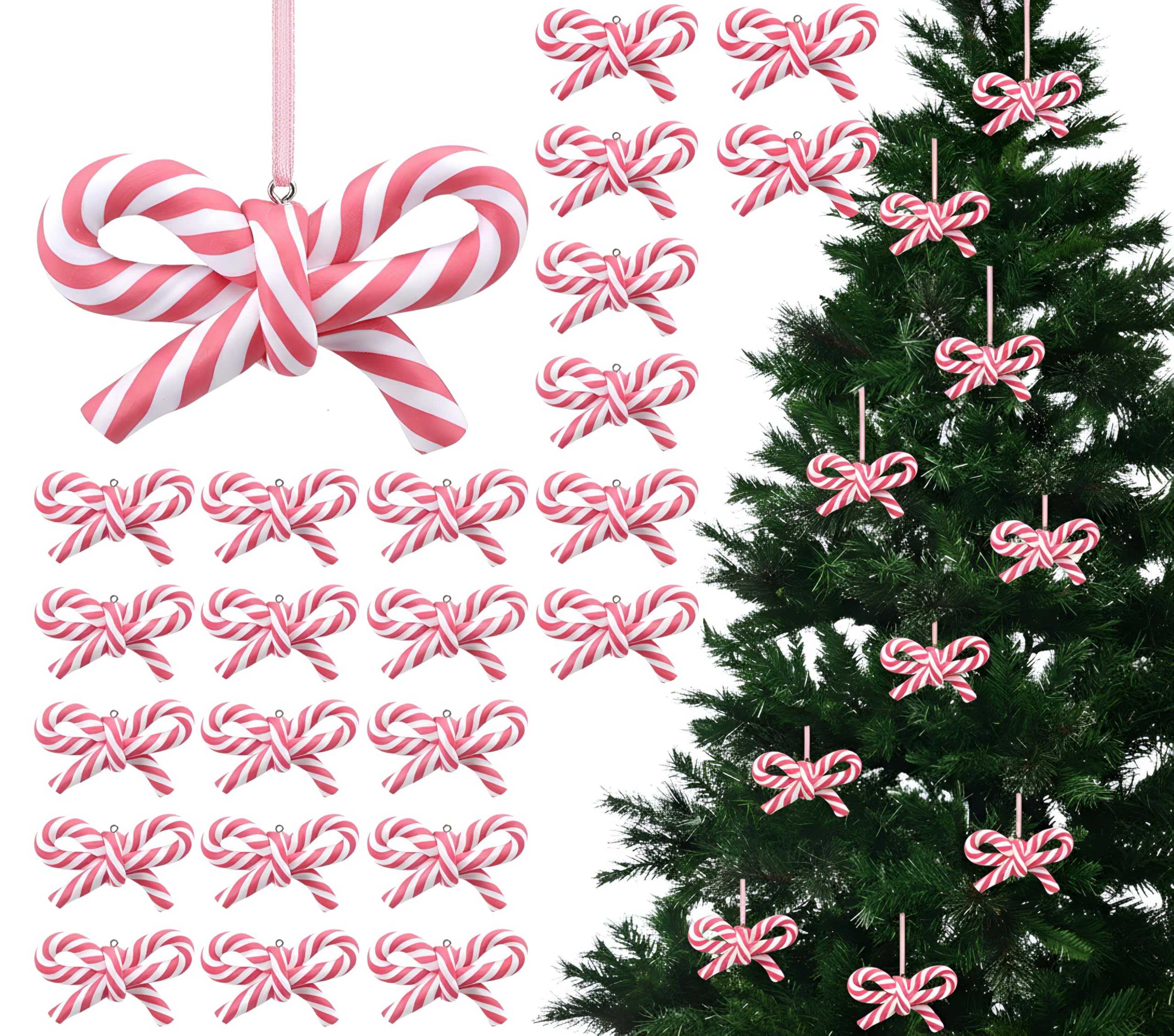 Hungdao 24 Pcs Bow Candy Cane Christmas Ornaments Pink and White Christmas Tree Decoration Stripe Candy Cane Hanging Ornament Po