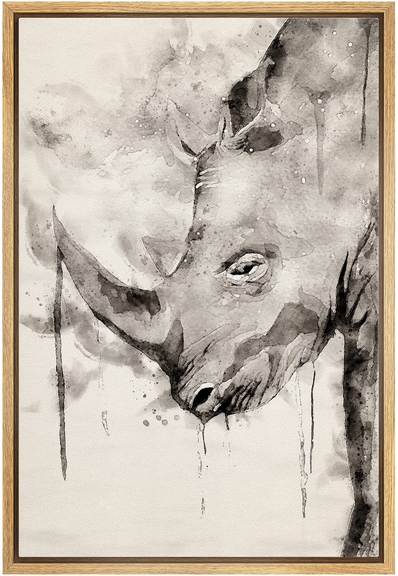 Bestdeal Depot Framed Canvas Print Wall Art Vintage Watercolor Drip Rhino Portrait Nature Animals Illustrations Modern Art Portr