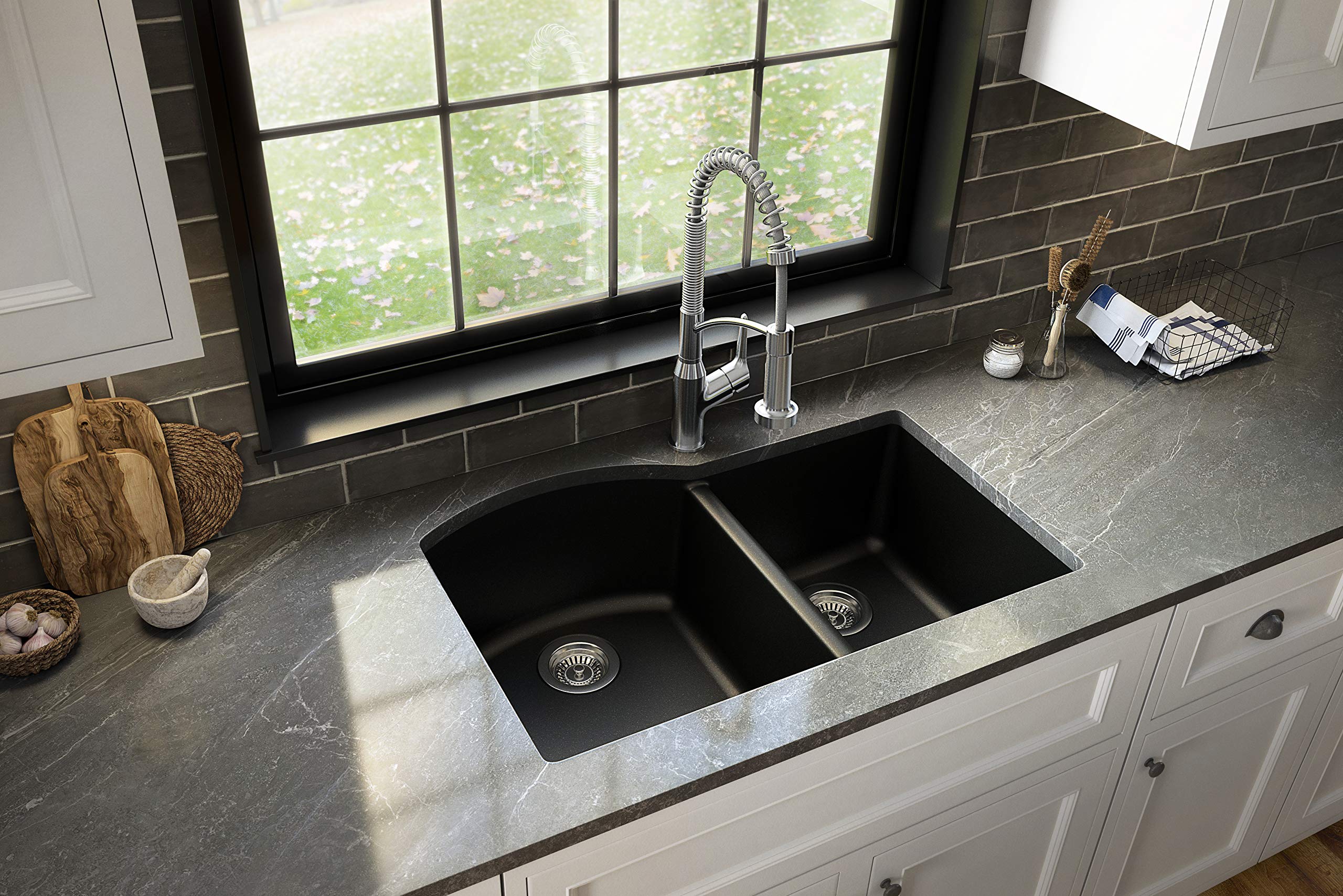 Karran 32 Inch Undermount Quartz Composite Kitchen Sink 60/40 Double Bowl, Granite Composite Sink, Heat & Scratch Resistant, Non