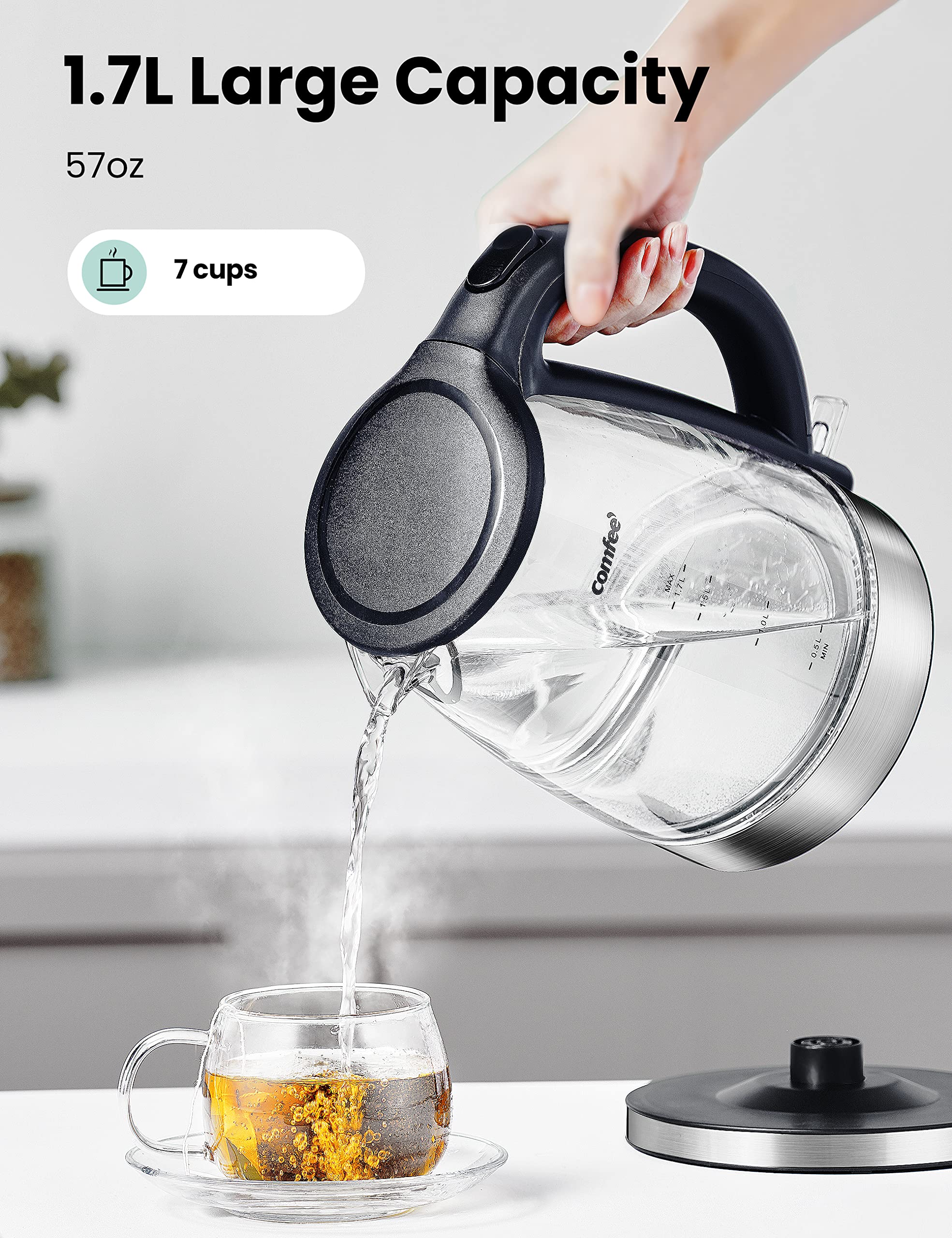 Comfee' Glass Electric Tea Kettle & Hot Water Kettle Electric, 1.7L Electric Kettle With Led Indicator, 1500W Fast Boil, Auto Sh