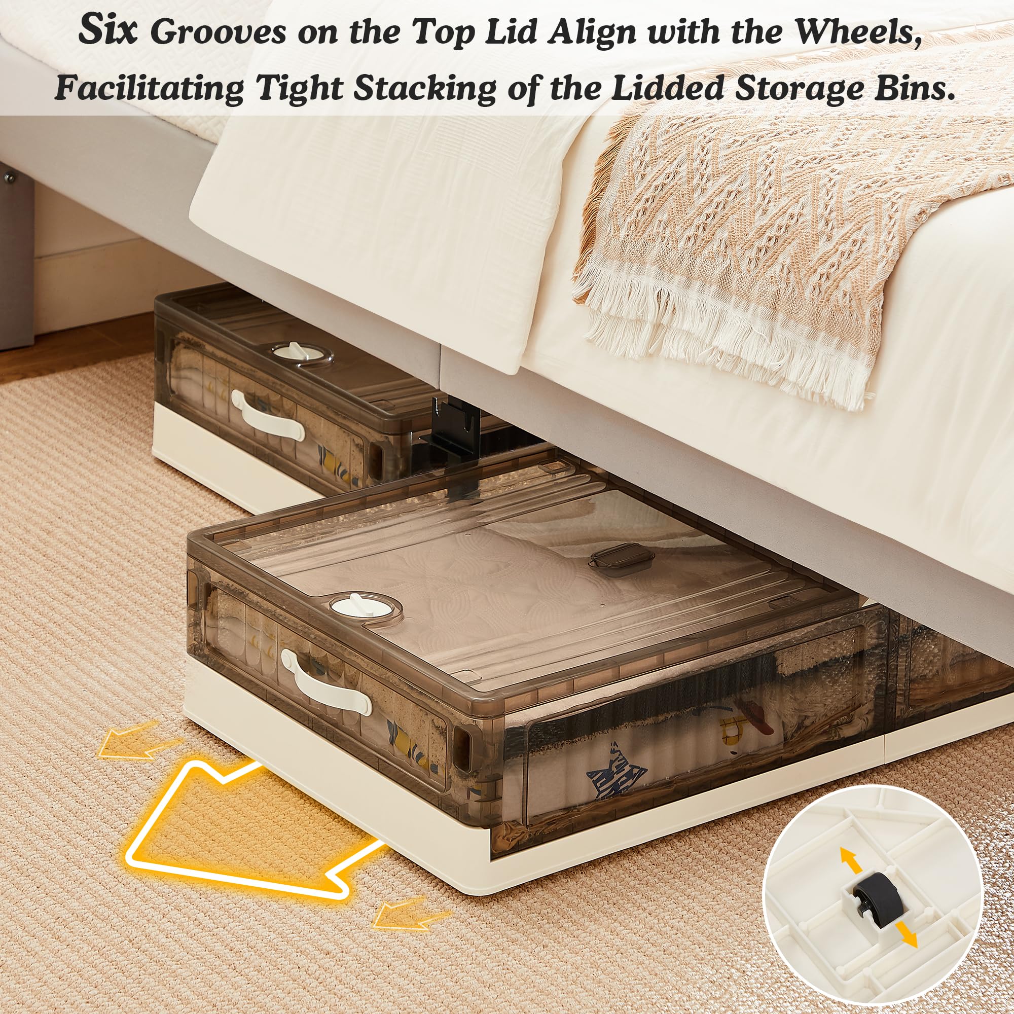 VECELO Under Bed Storage with Wheels, 26.5Gal Stackable Under Bed Storage Containers, Underbed Storage Containers with Lids, Pla
