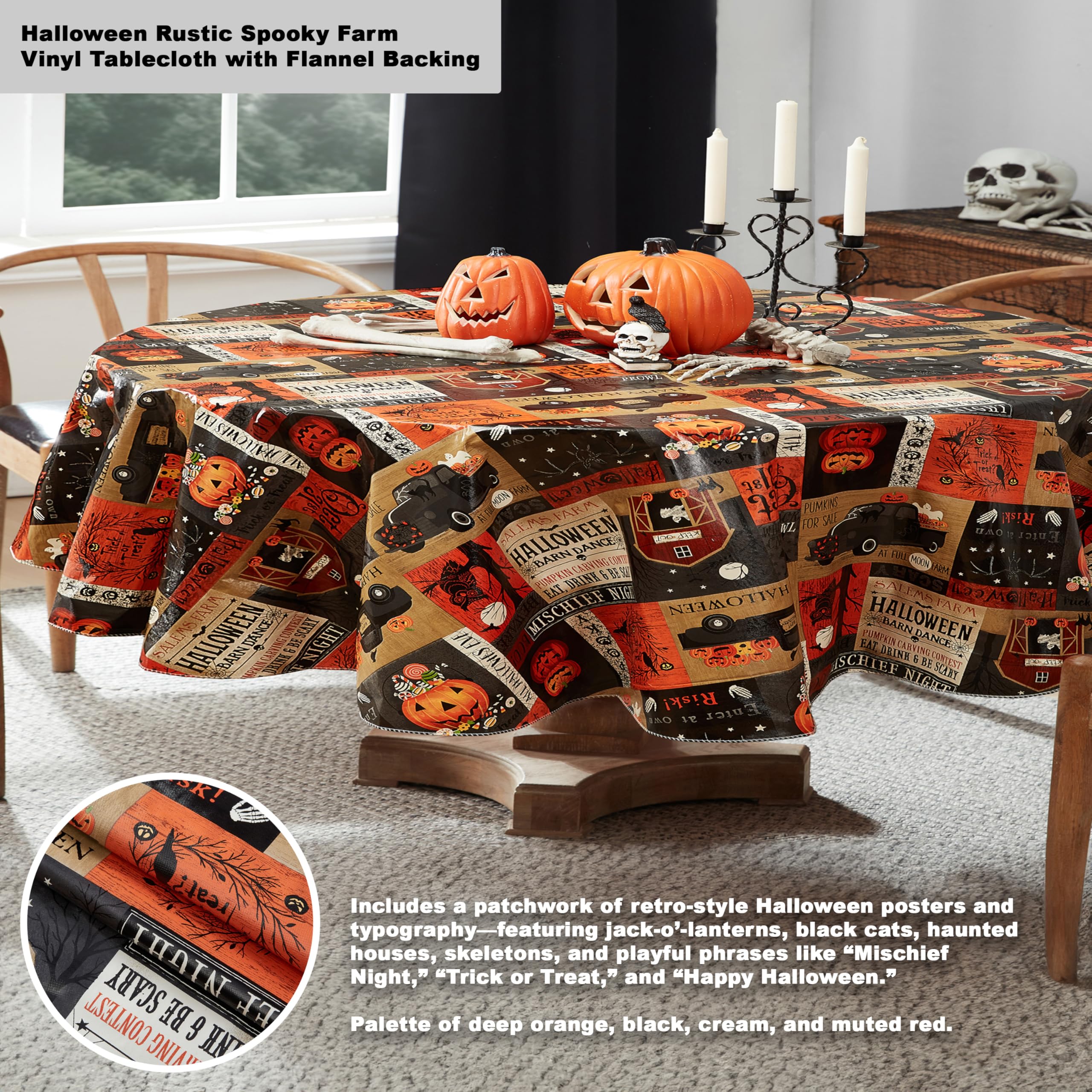 Newbridge Halloween Rustic Spooky Farm 60 x 84 Inch Oval Vinyl Tablecloth with Flannel Backing