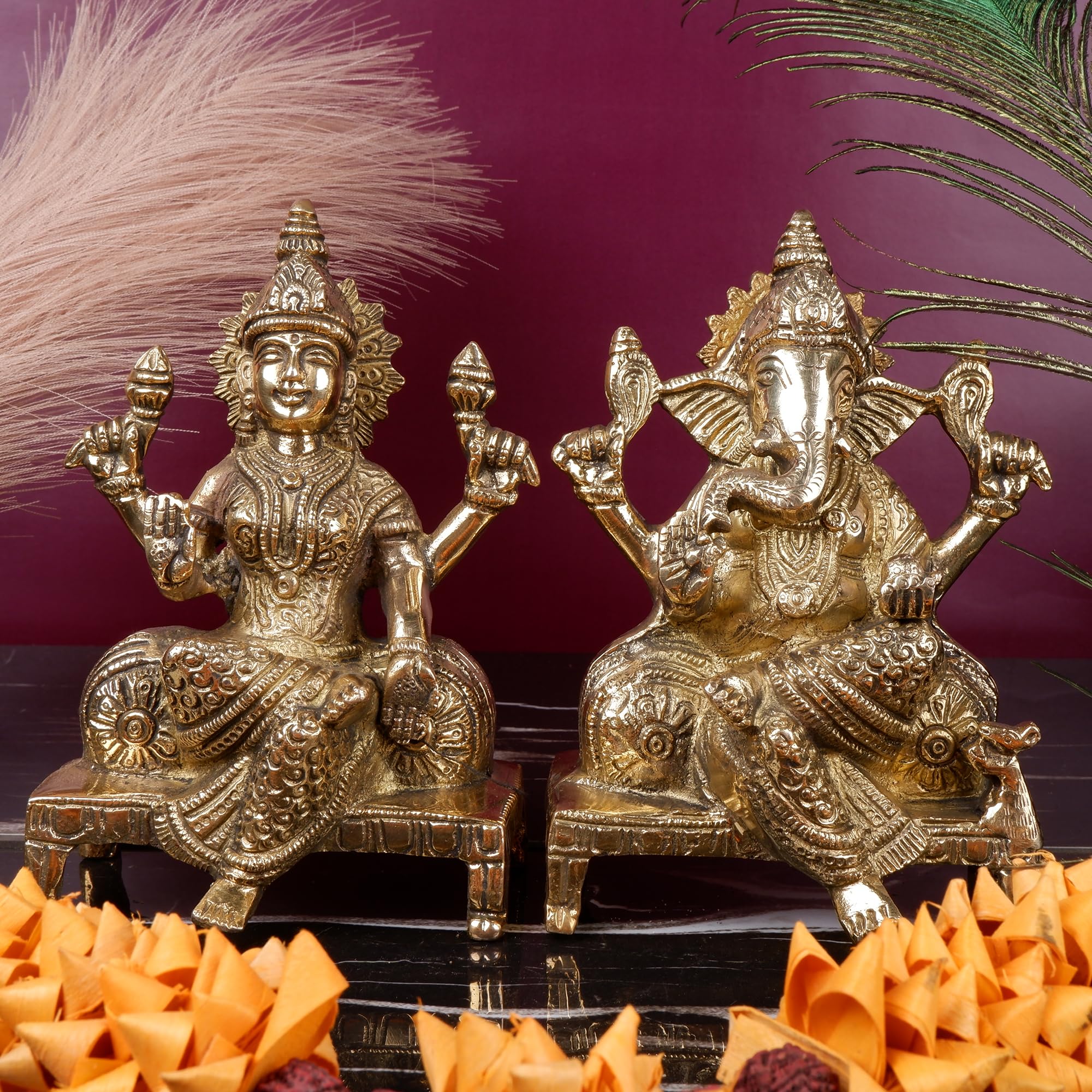 Shoppingrox Lakshmi Ganesh Set 17 Cm Religious Idol & Figurine Brass Metal Yellow Colour
