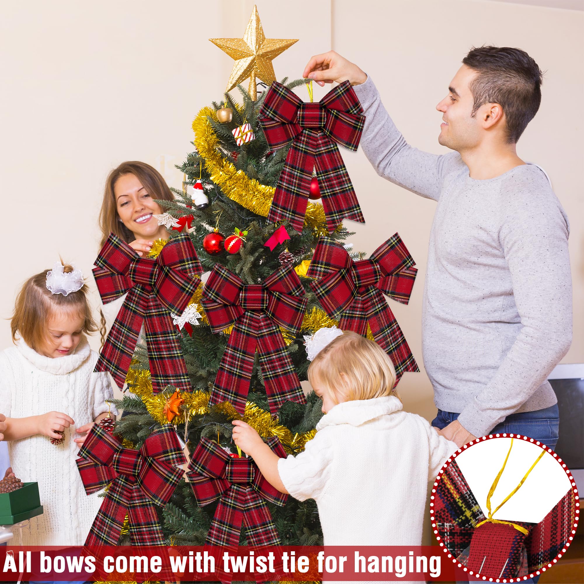 6 PCS Christmas Tree Decor, 9 x 12 Inch Large Christmas Bows, Buffalo Plaid White Black Red Xmas Decor PVC Xmas Decor Indoor Out