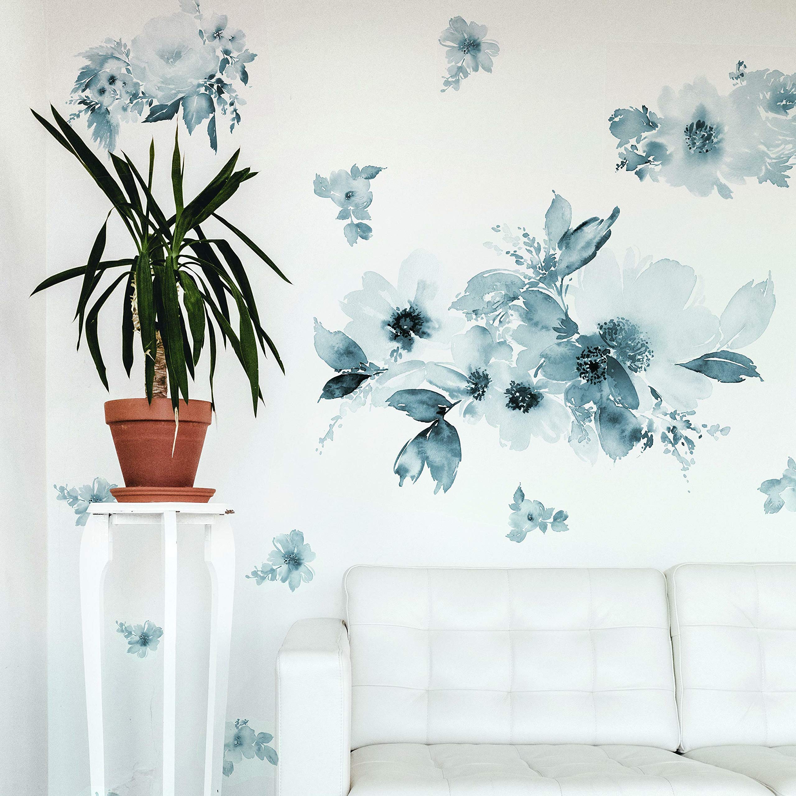 Roommates Rmk4708Gm Watercolor Floral Peel And Stick Wall Decals, Blue