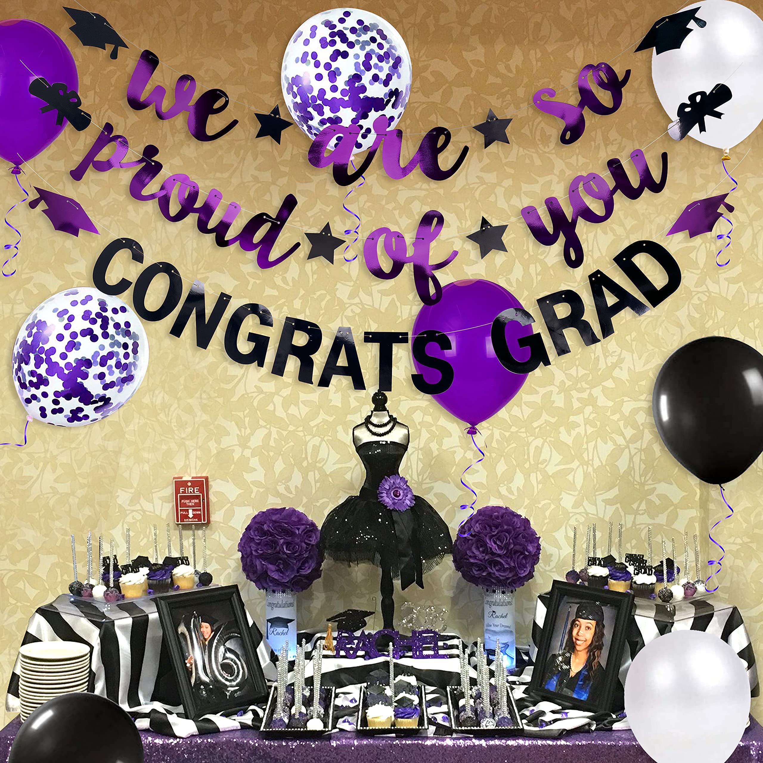 Purple Black 2024 Graduation Party Decorations We Are So Proud Of You Congrats Grad Graduation Banner Graduation Cap Diploma Sta