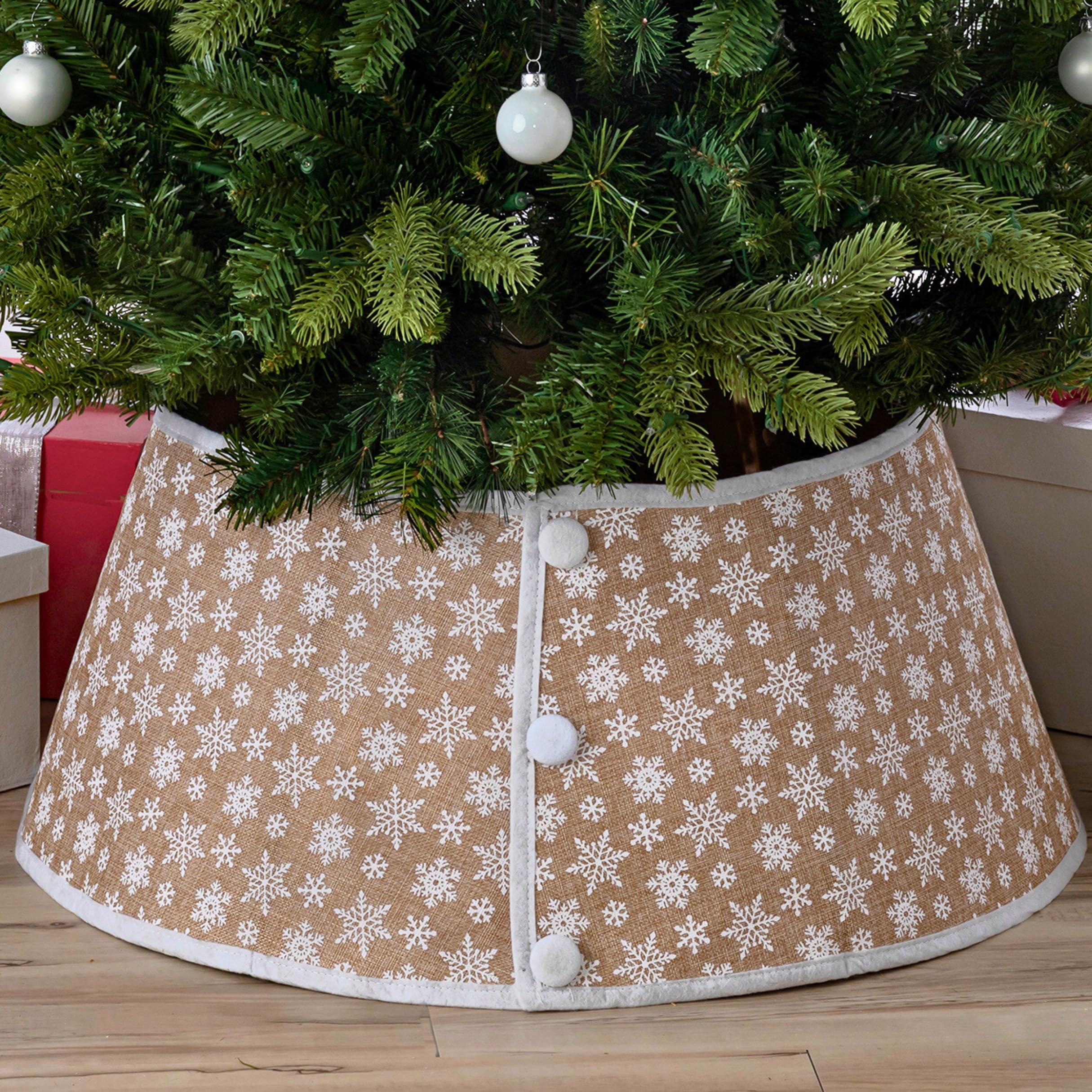 New Traditions Tan Burlap Christmas Tree Collar with White Snowflakes - 26 Diameter Fabric Stand Band for Artificial & Natural T