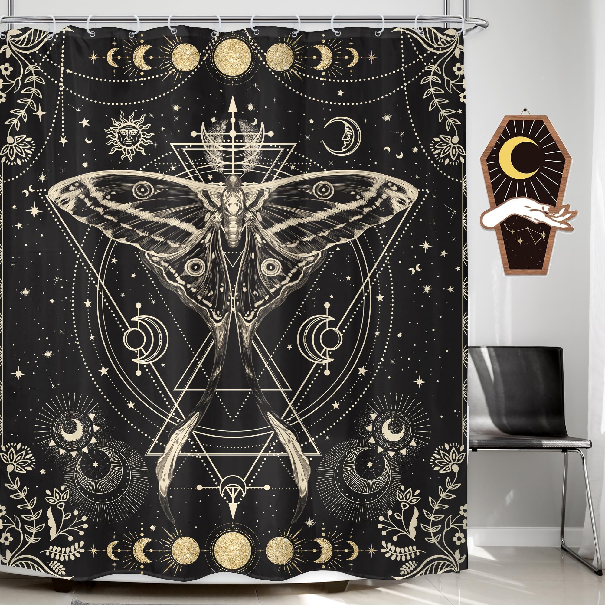 Lghtyro Moon Phase Witchy Shower Curtain 60Wx71H Inch Gold Black Butterfly Moth Fairy Shower Curtain Bathroom Set Gothic Black M