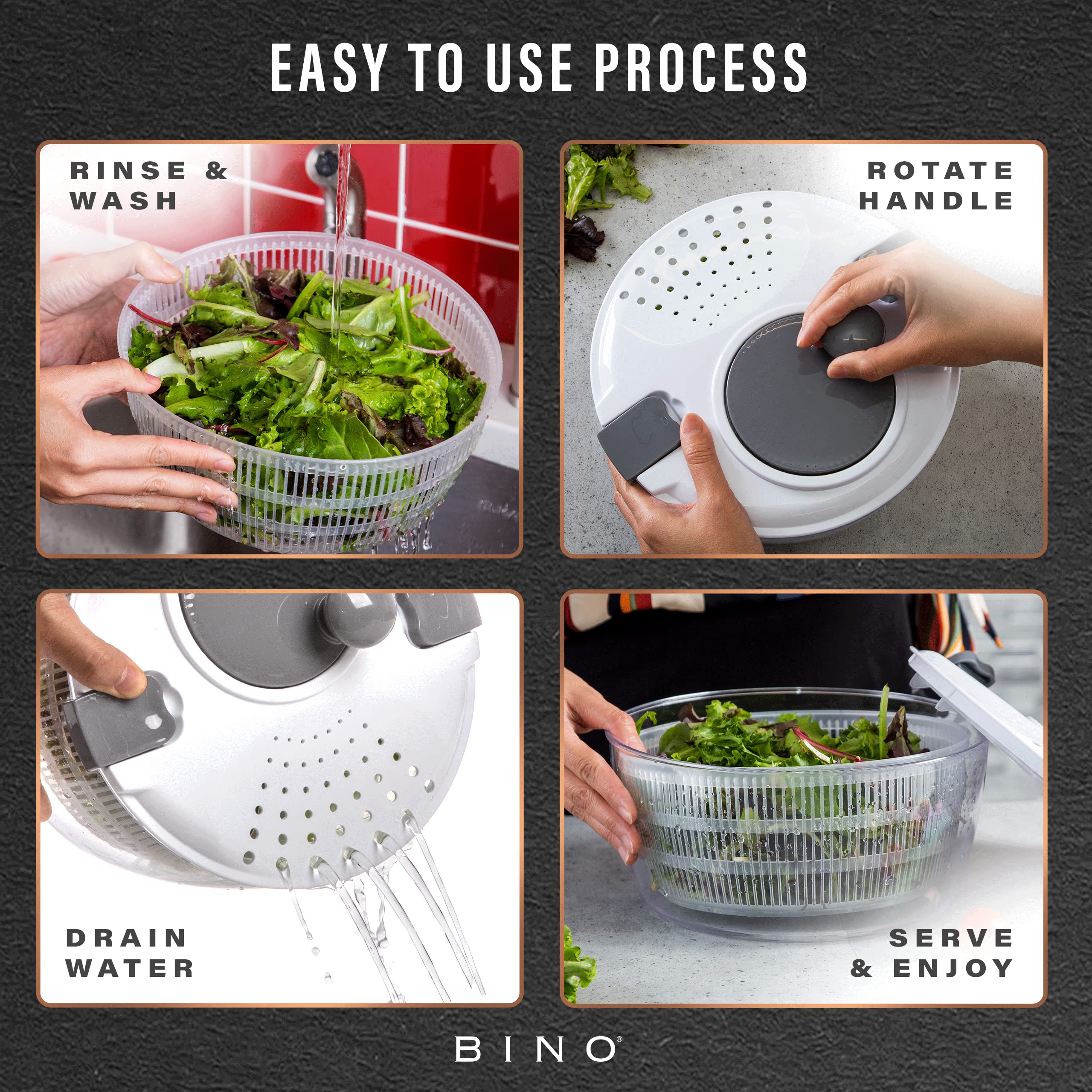 Bino | Salad Spinner - 4.2 Qt | Large Manual Lettuce Spinner With Secure Lid Lock & Built-In Draining System | Salad Spinner Wit