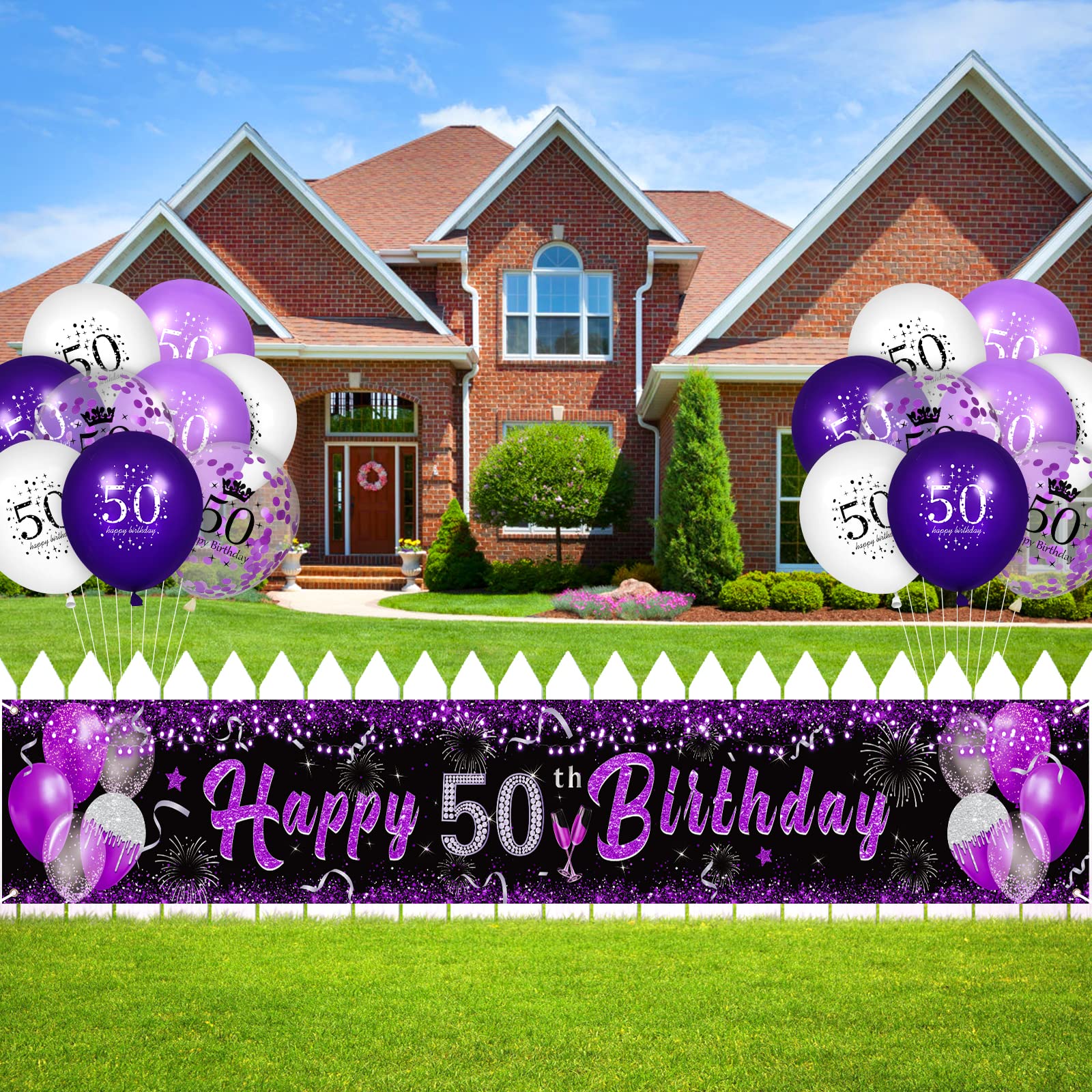 Purple 50Th Birthday Decorations For Women, Black Purple Silver Happy 50Th Birthday Yard Banner Purple 50Th Birthday Yard Sign F