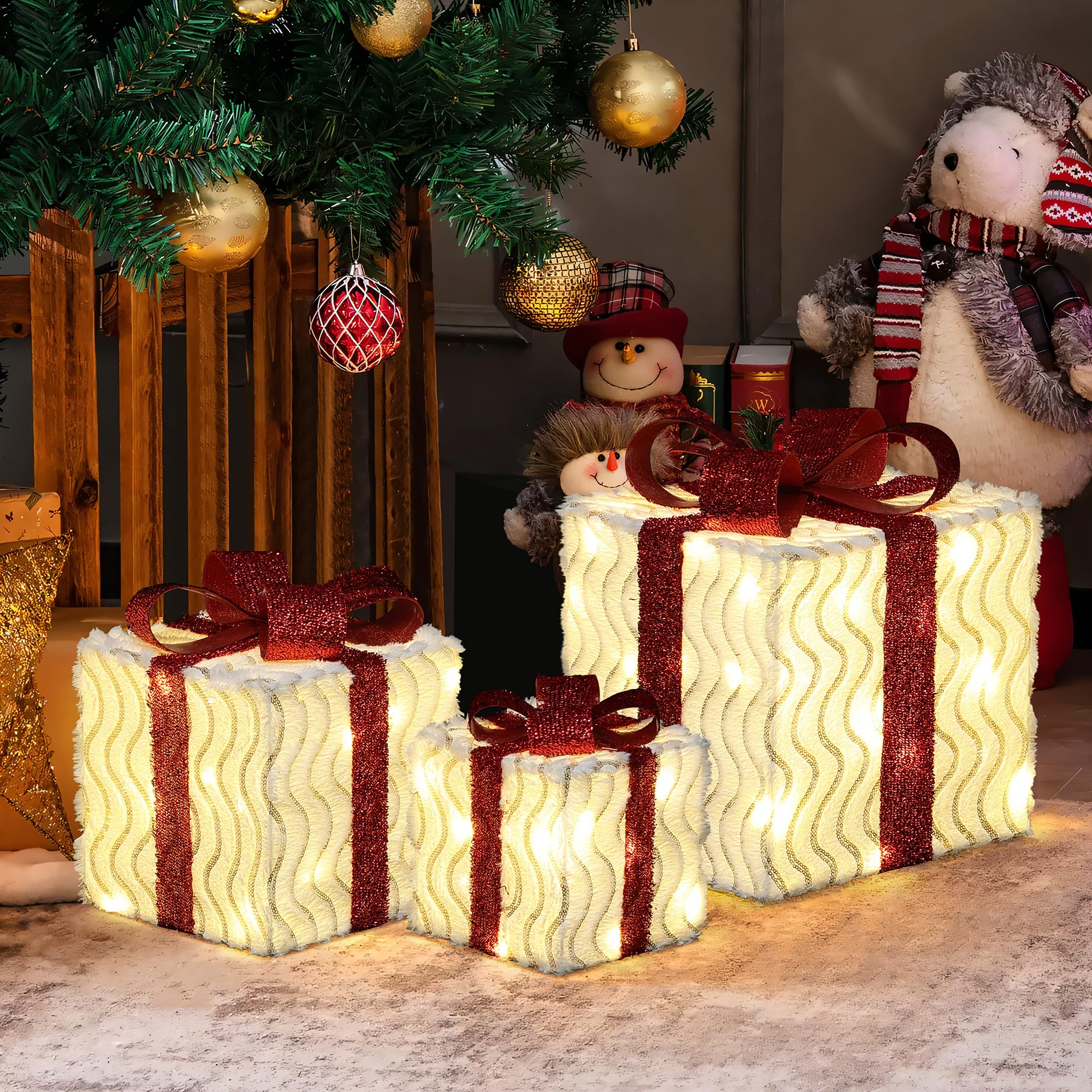 LuxenHome Set of 3 Lighted Gift Boxes, Plug-in Wavy Design with Red Ribbon Bow Boxes for Xmas Holiday Display, Lawn, Porch, Unde