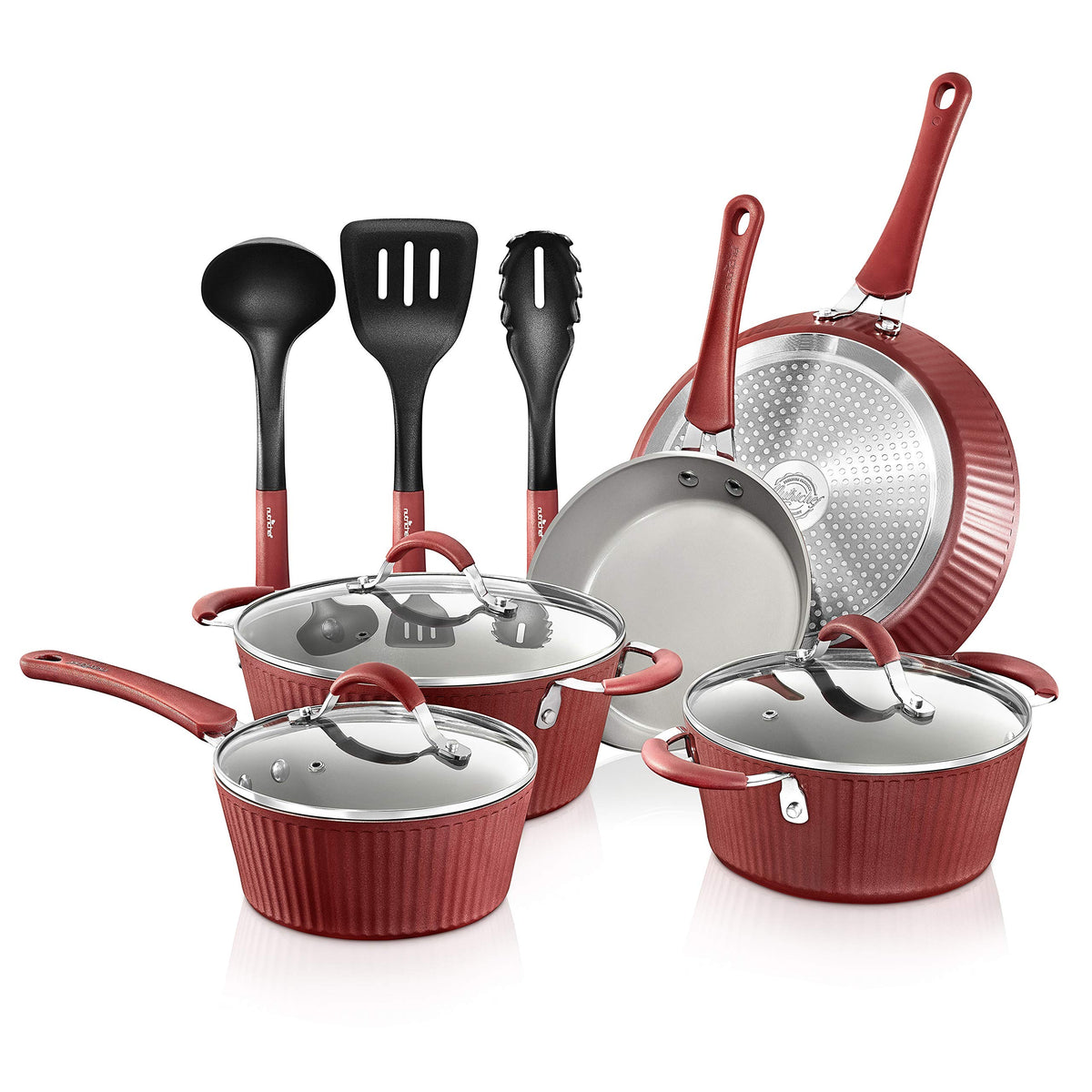 NutriChef Non-Stick Kitchenware Pots & Pans, 11 pcs, 11 Pcs. Stylish Kitchen Cookware Set w/Elegant Lines Pattern