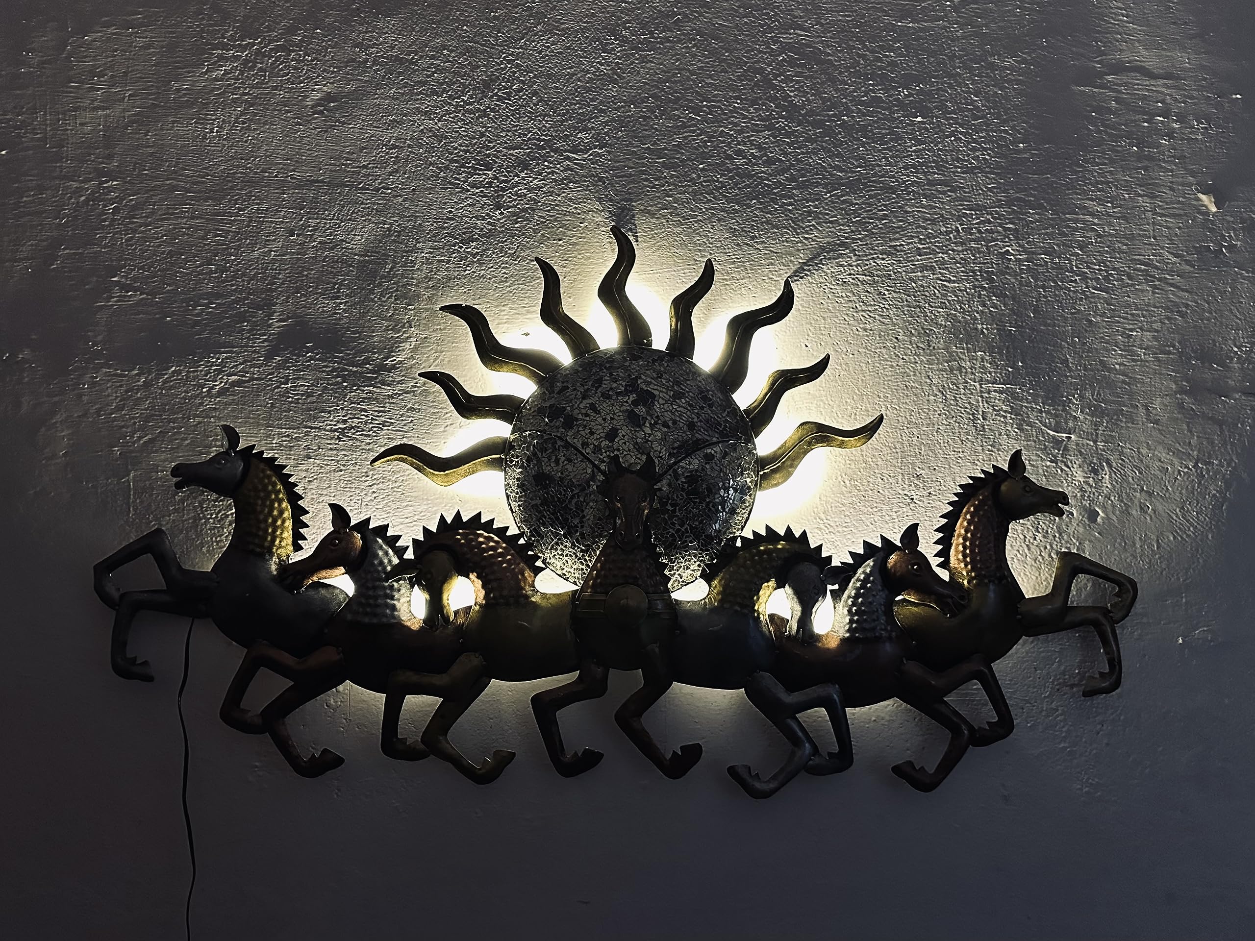 Rsn Metal Wall Art Iron Wall Hanging 7 Horse With Led Light Metal Frame Wall Dcor Entrance, Wall Hanging For Living Room, Wrough