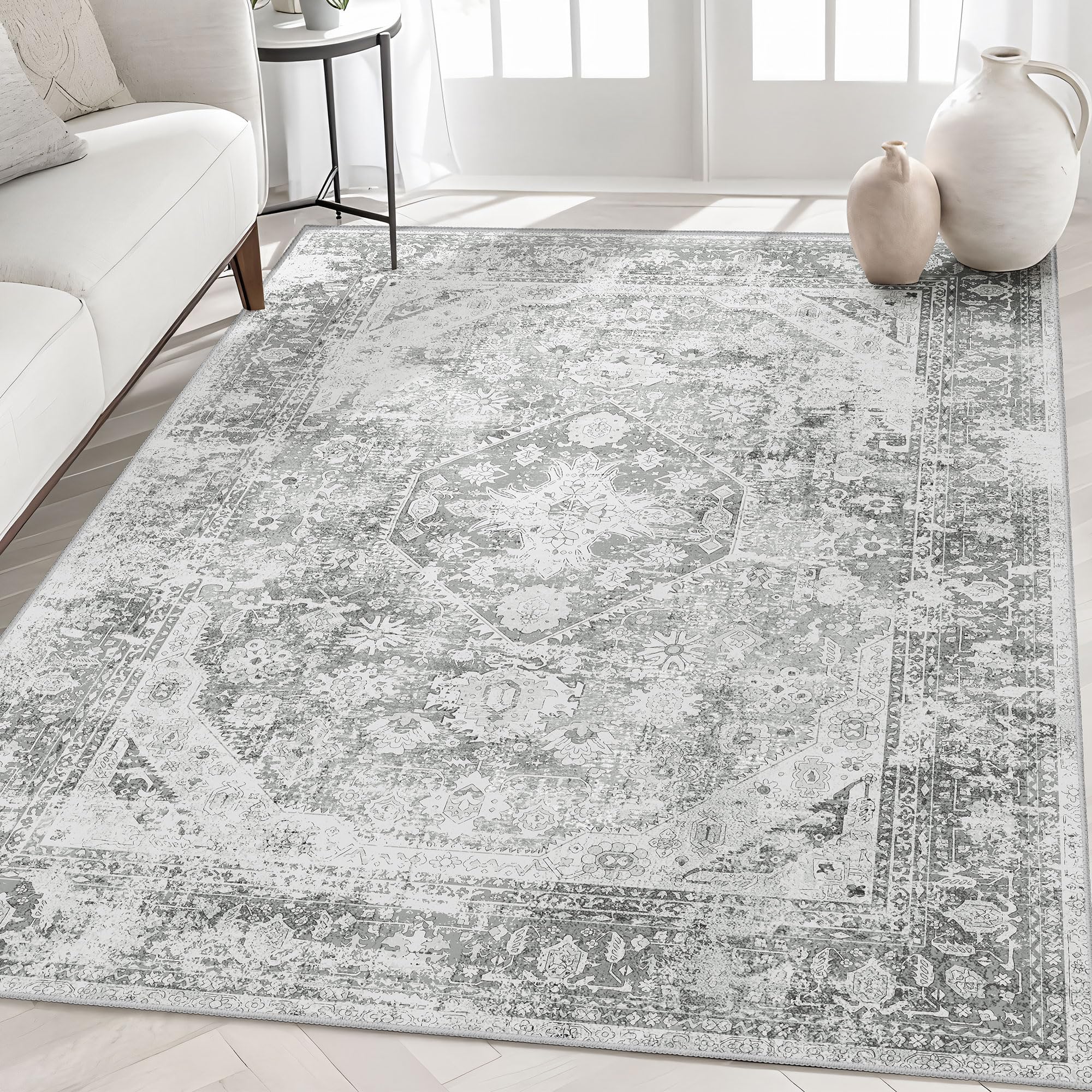 MUJOO 5x7 Area Rugs Washable Grey Rug for Living Room Bedroom Large Non Slip Carpet Boho Throw Rugs for Bedside Laundry Dining R