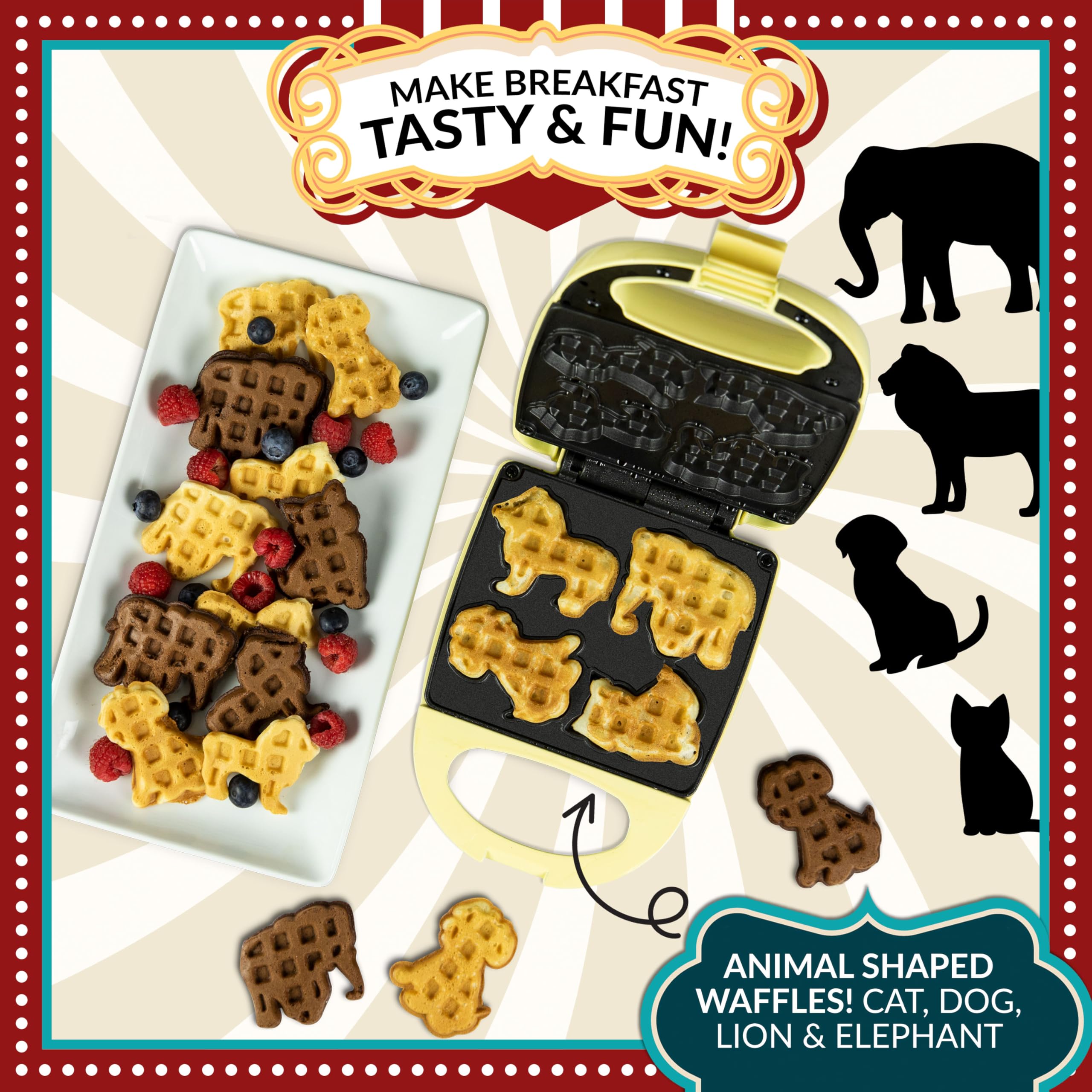 Nostalgia Mymini Personal Electric Animal Circus Waffle Maker, Waffle Iron Makes Cat, Dog, Elephant, Lion, Yellow