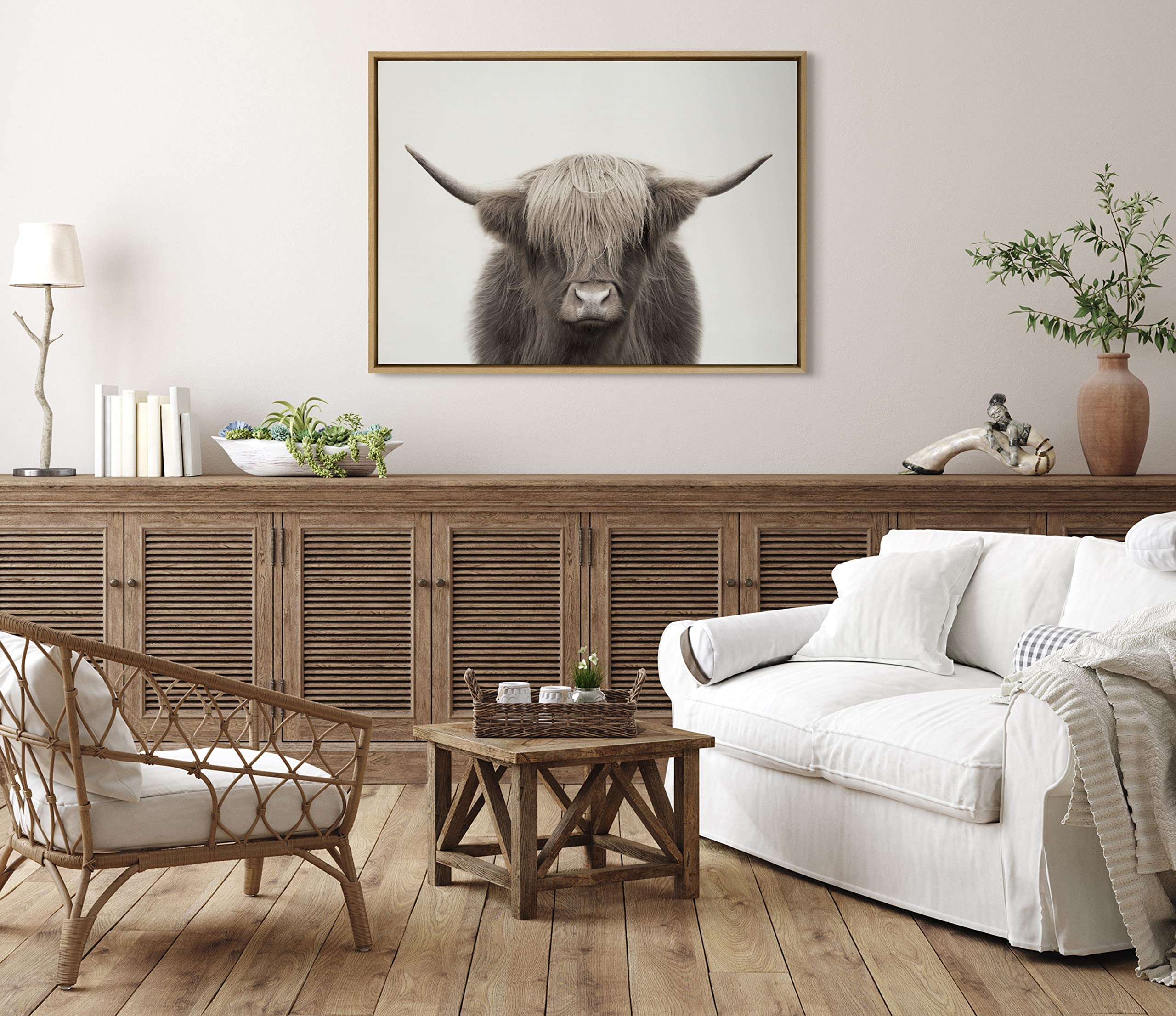 Kate And Laurel Sylvie Hey Dude Highland Cow Color Framed Linen Textured Canvas Wall Art By The Creative Bunch Studio, 28X38 Nat