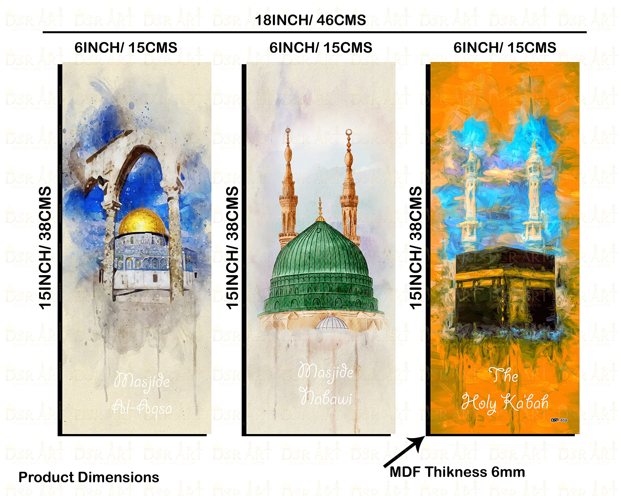 Dsr Art Makkah Kaaba Madina Shareef Masjid Aqsa Canvas Effect For Islamic Wall Canvas Pack Of 3 Size 15X6 Inch
