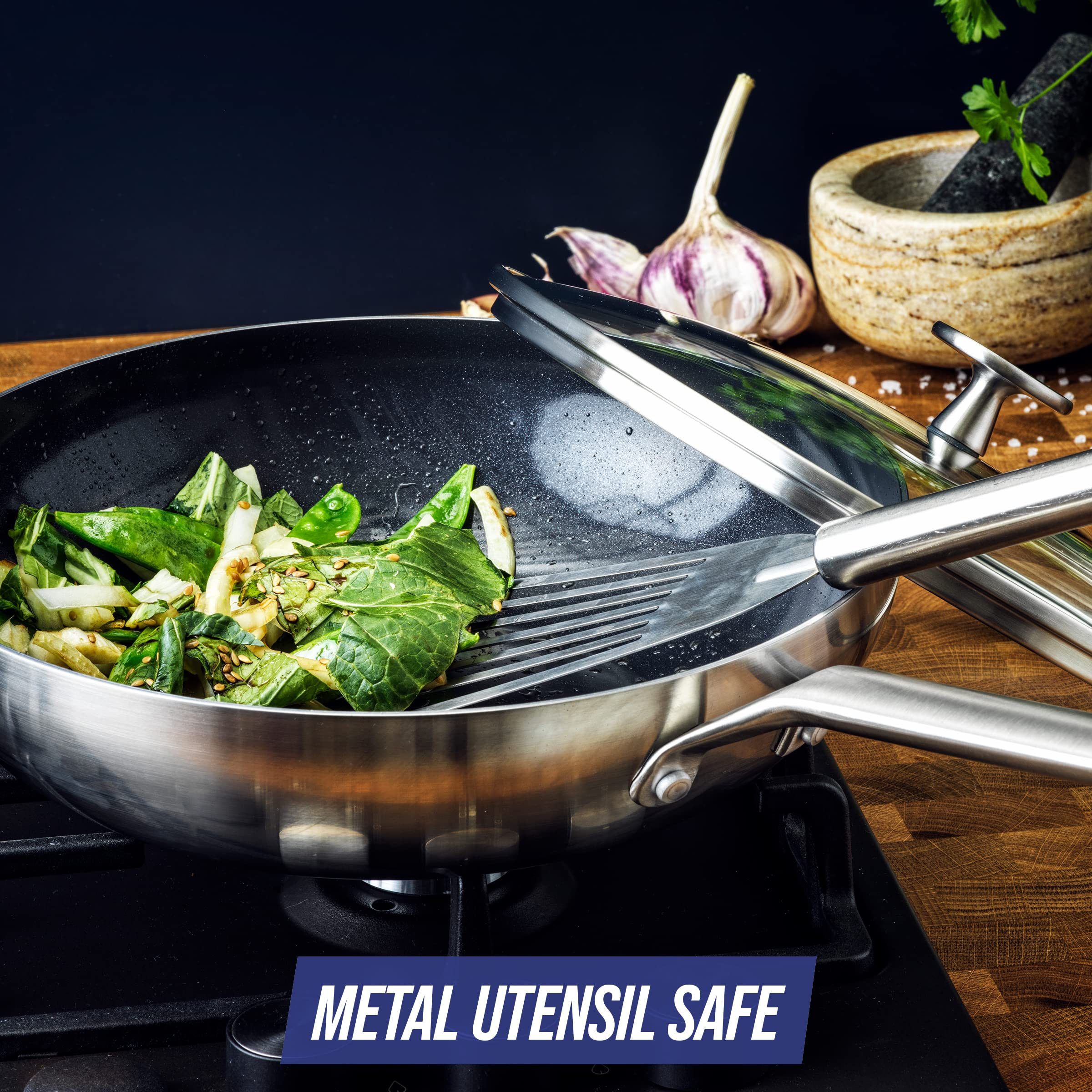 Blue Diamond Stainless Steel 11 Wok Pan With Glass Lid, Induction Compatible, Diamond Infused Pfas-Free Ceramic Nonstick, Mult