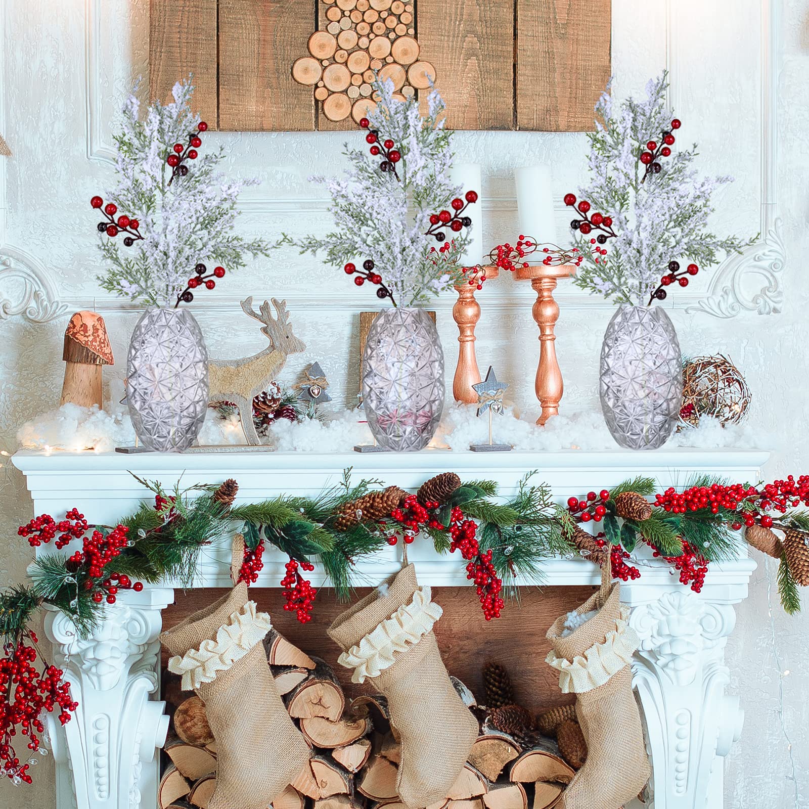 Winlyn 6 Pcs Snowy Artificial Cedar Picks with Red Berries Frosted Faux Cedar Sprays Christmas Cedar Greenery Branches Stems for
