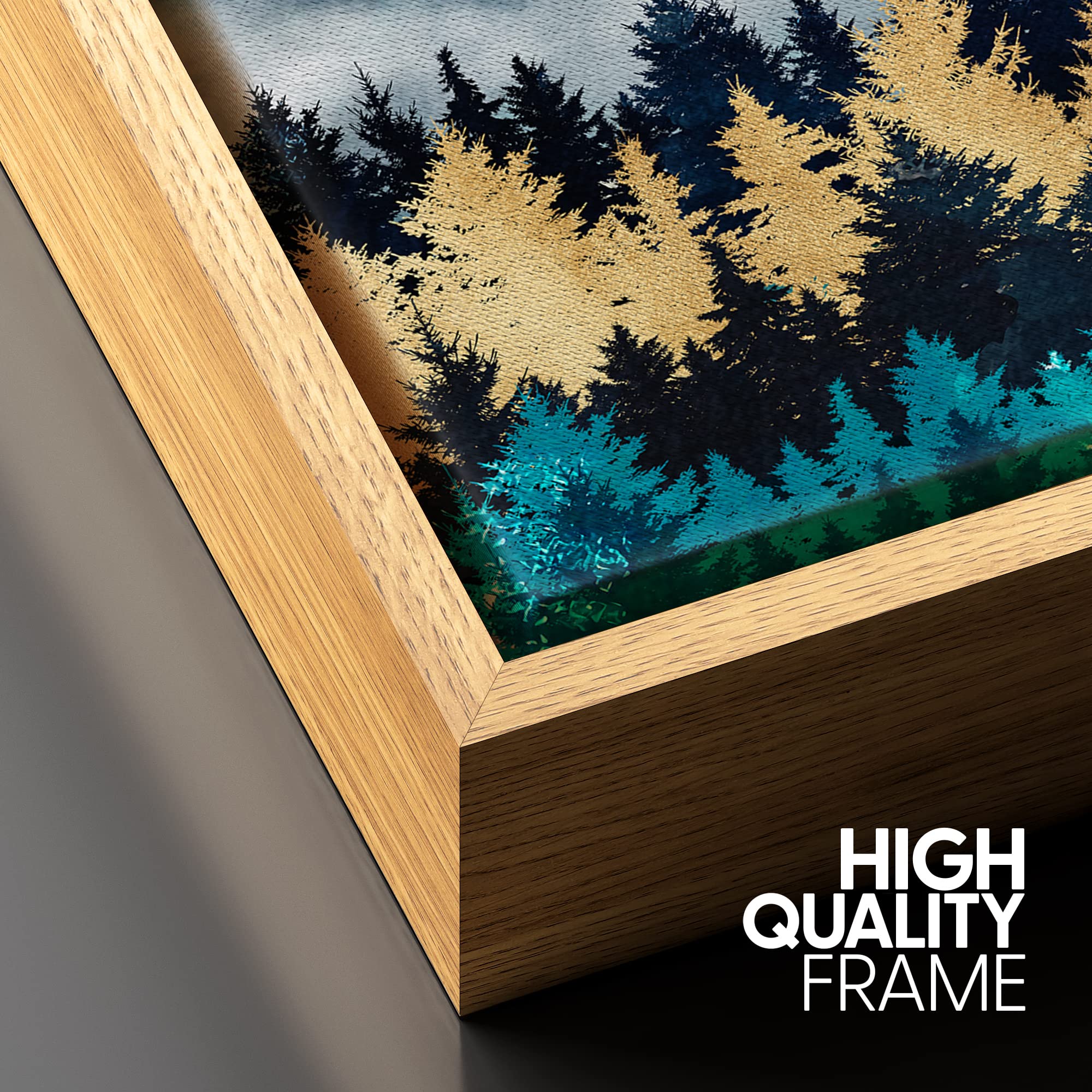 Signford Framed Canvas Print Wall Art Woodland Nursery Decor Teal Granite Mountain Range Forest Nature Wilderness Modern Art Rus