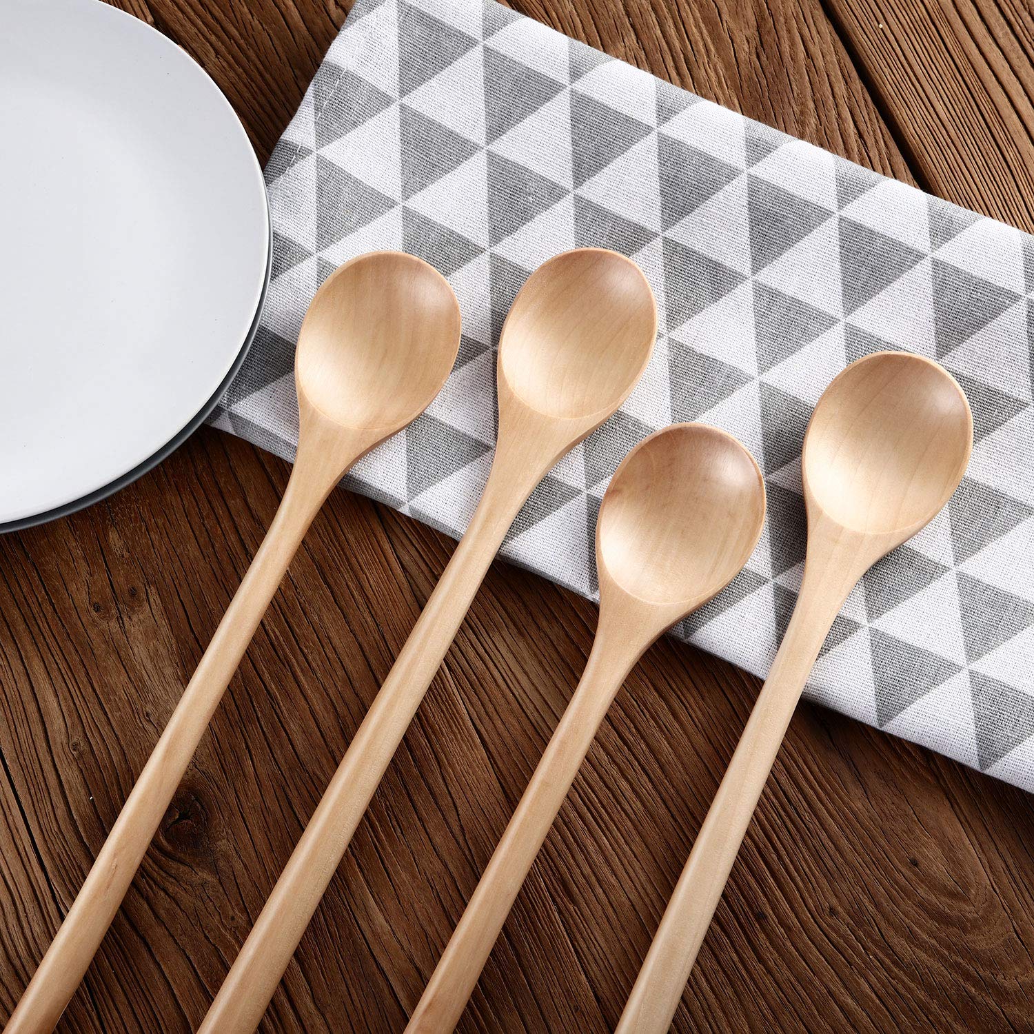4 Pieces Wood Mixing Spoon Long Handle Wooden Spoons For Kitchen Stirring And Cooking, 13 Inches Long (Light Brown)