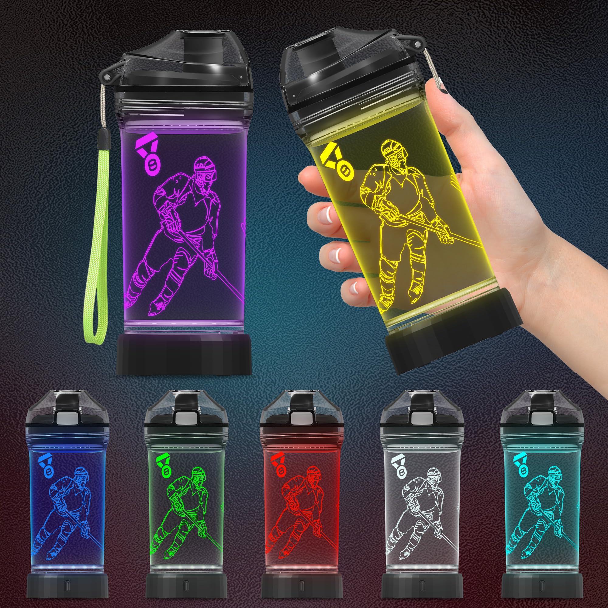CoolGift Mart Hockey Gifts, Light Up 3D Hockey Player Water Bottle, 14oz Tritan BPA Free - Best Gift for 4 5 6 7-Year-Old Boys G