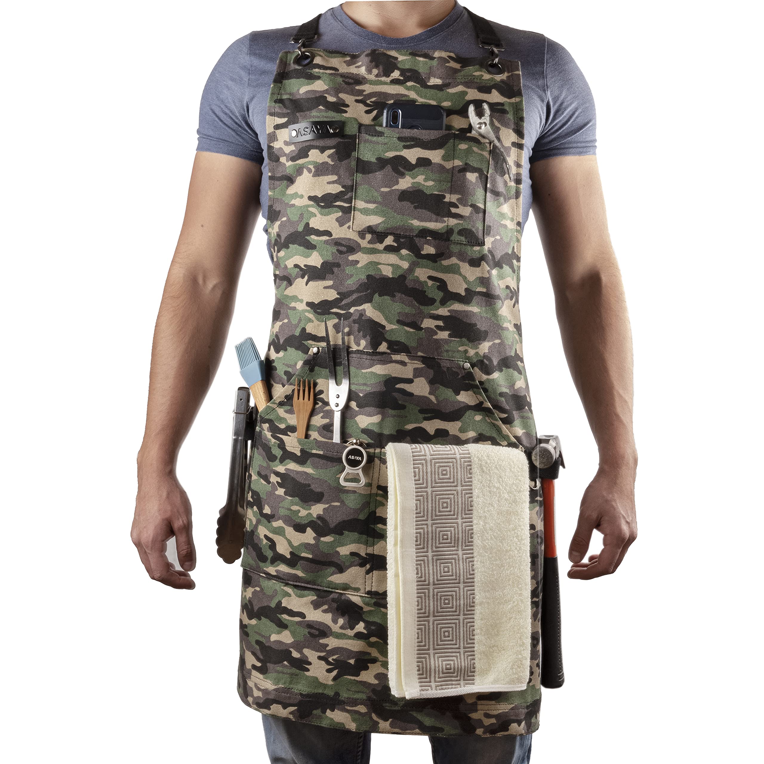 Asaya Chef, Bbq And Work Apron With Bottle Opener And Hand Towel - Durable 10Oz Cotton Canvas, Brass Hardware And Cross Back Str