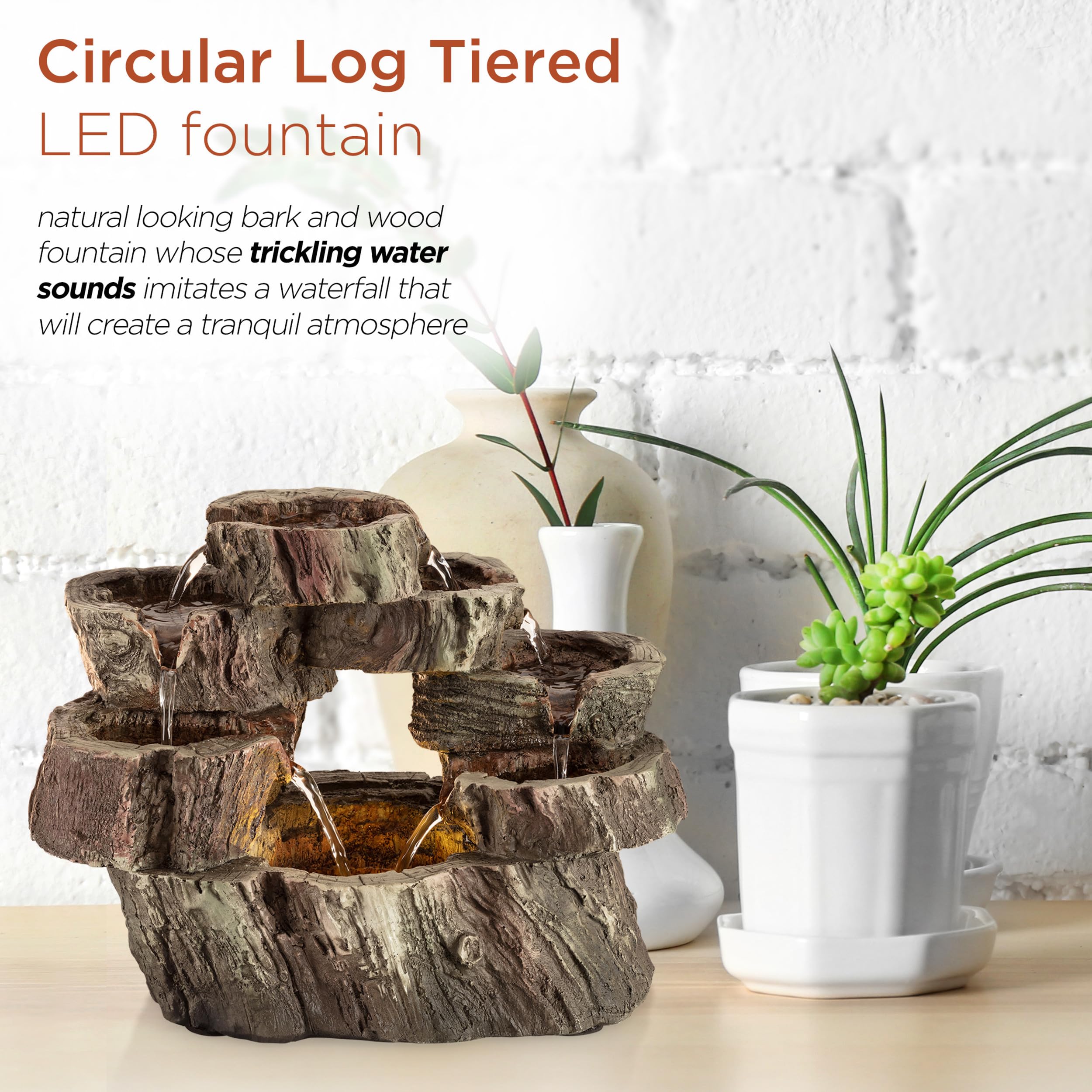Alpine Corporation WIN1134 10 Indoor Tabletop Tiered Tree Trunk Waterfall Fountain with LED Lights - Rustic Cascading Water Feat