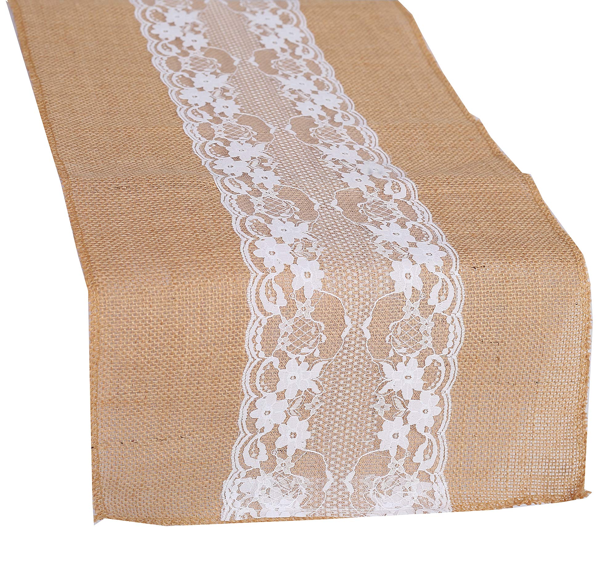 Mds Pack Of 5 Wedding 12 X 108 Inch Vintage Lace Burlap Table Runner, Rustic Farmhouse Jute Country Vintage Jute Burlap Roll For