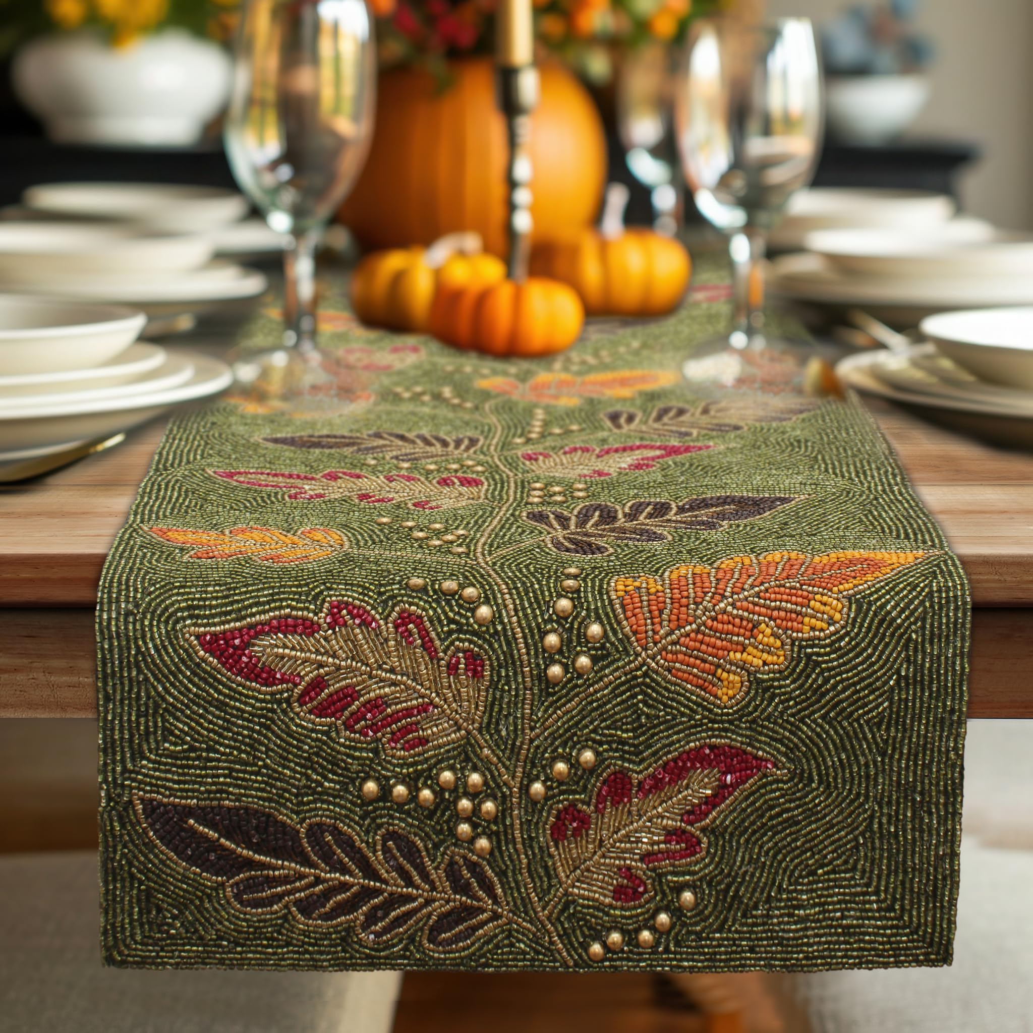 COTTON CRAFT Harvest Beaded Table Runner - Fall Leaves Autumn Foliage Handmade Tablerunner - Thanksgiving Halloween Christmas Ce